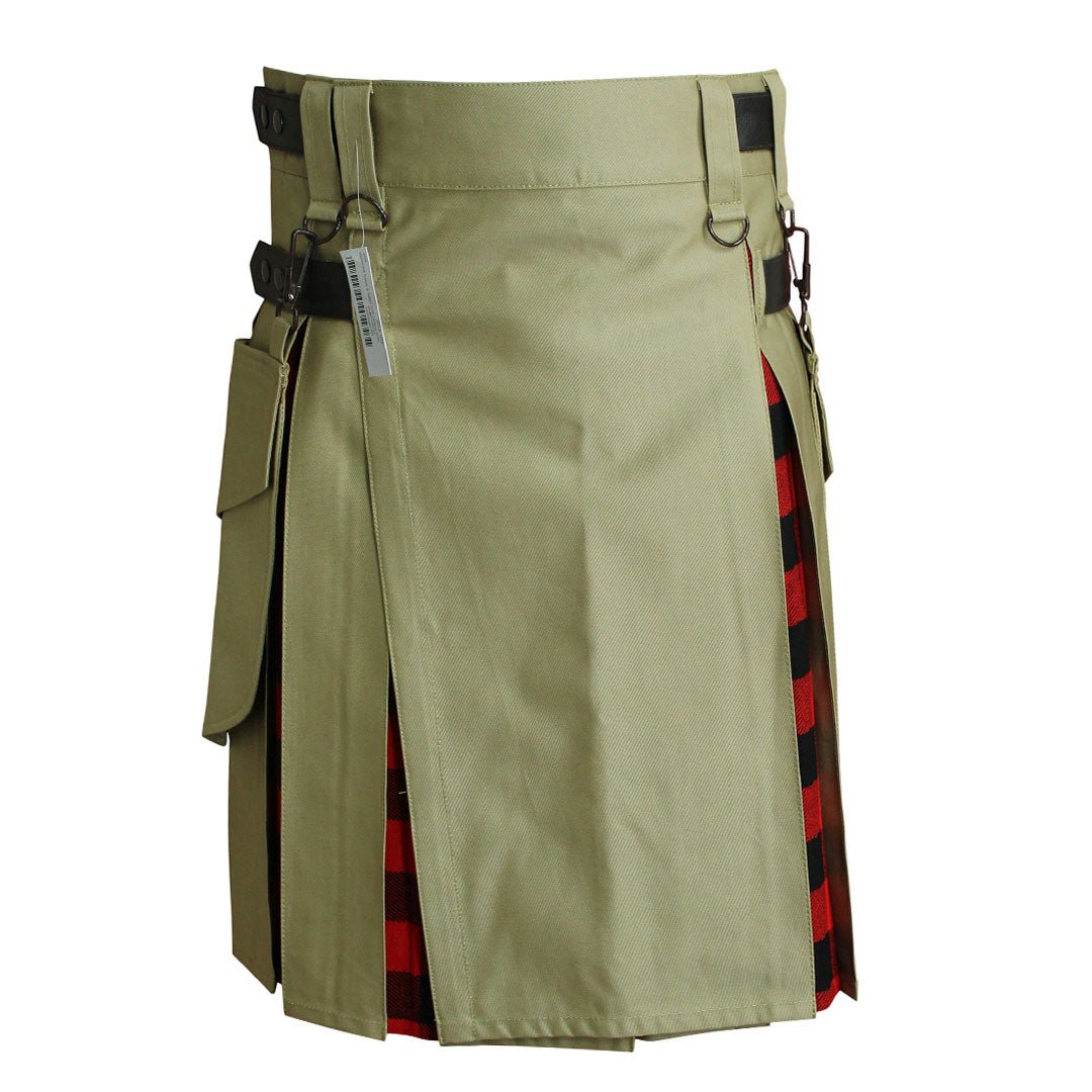 Hybrid Kilt for Men - Khaki Tartan Utility Kilt with Pockets | Perfect for Renaissance Fairs, Scottish Weddings & Cosplay Events