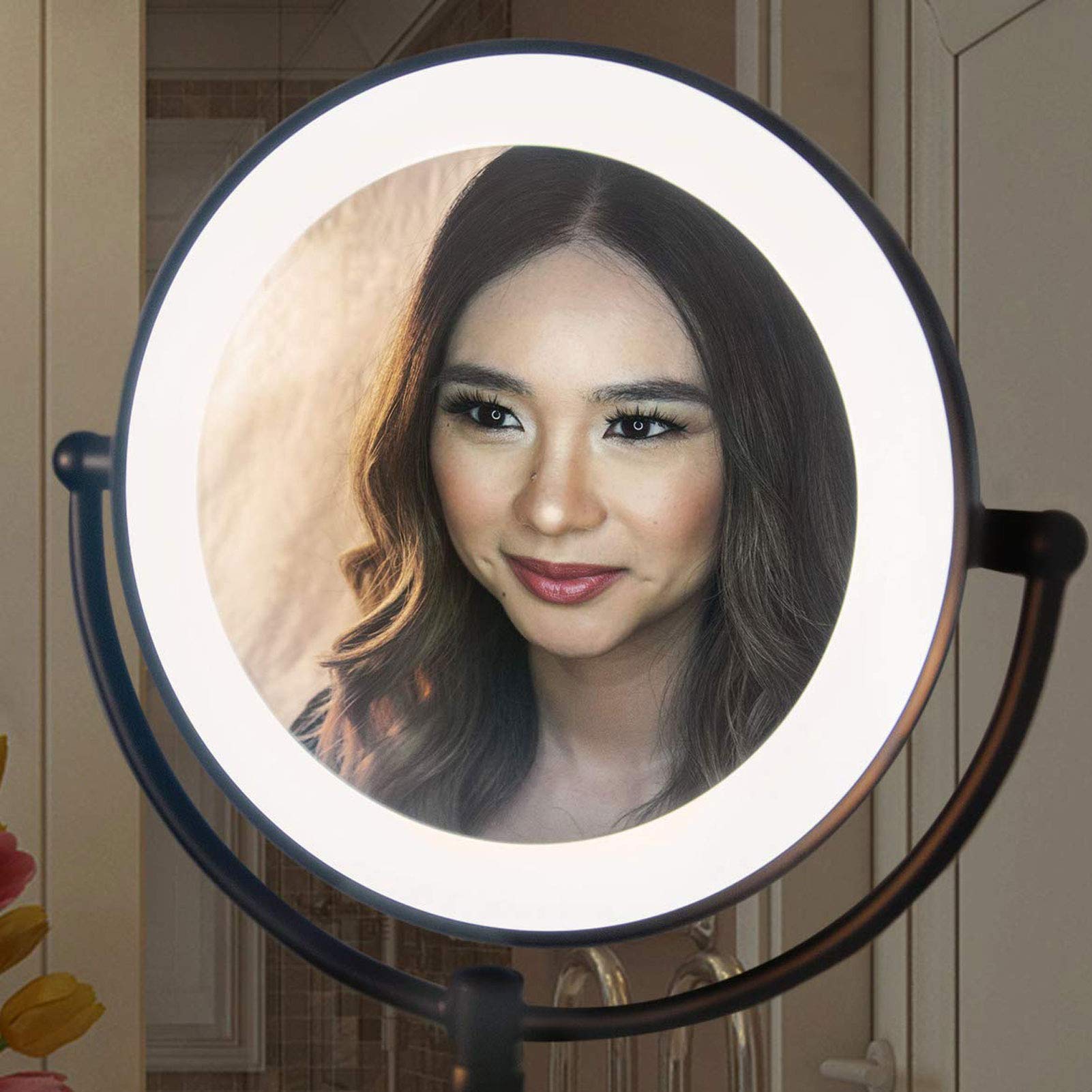 Wall Mount Makeup Mirror with LED Lights - 360° Swivel Extendable Vanity Mirror for Bathroom & Dressing Room - Black Cosmetic Mirror with Bright Adjustable Lighting for Perfect Makeup Application