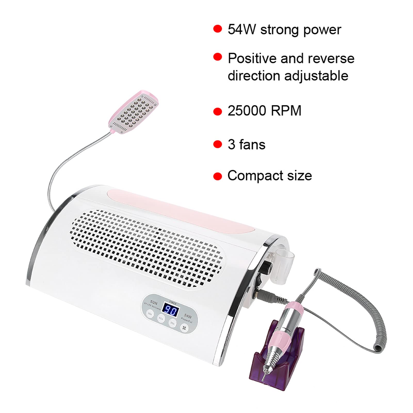 Professional 54W Electric Nail Drill Machine with LED Light & Vacuum System - 3-in-1 Manicure Pedicure Kit for Salon & Home Use - Dust Collector with 3 Cooling Fans for Nail Art, Acrylics & Gel Extensions