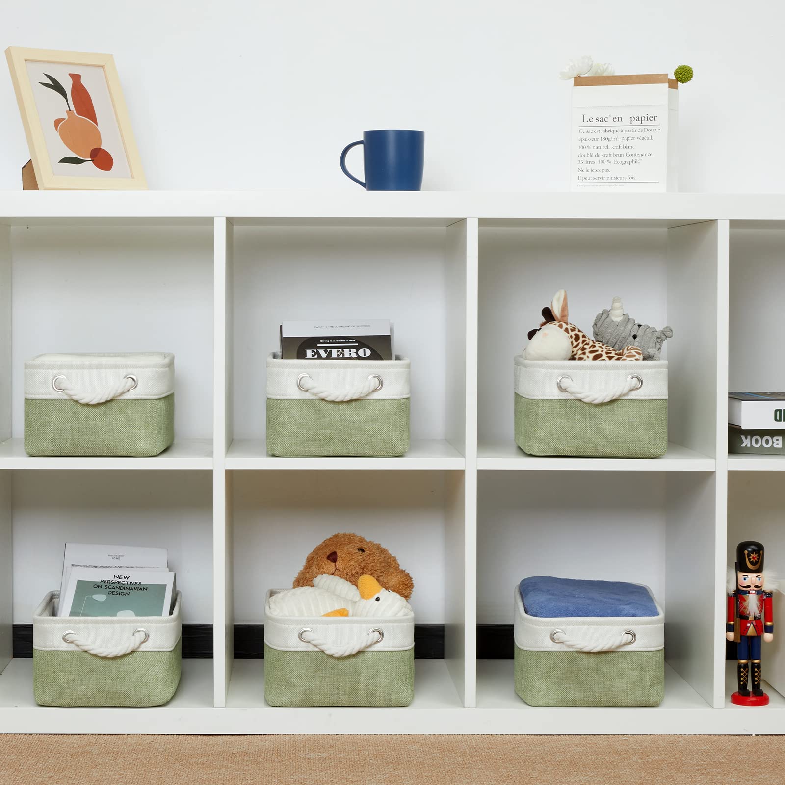 Bidtakay 6-Pack Small Storage Baskets - White & Green Decorative Organizing Bins for Linen Closet, Shelves, Nursery, or Pet Toys | Perfect for Home Organization, Baby Storage & Gift Packaging