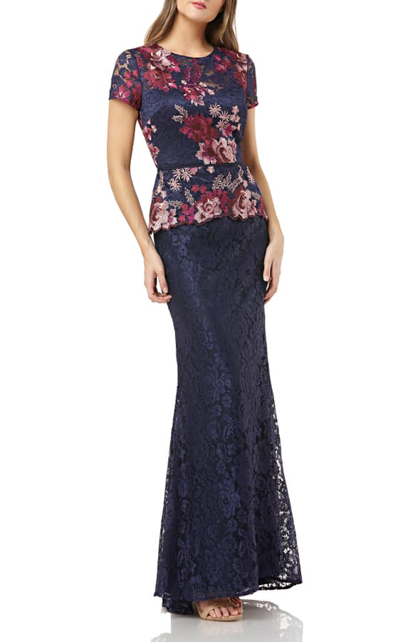 JS Collections Women's Lace Peplum Dress - Navy & Fuchsia Floral Print, Elegant Party Wear for Weddings, Cocktails & Special Occasions