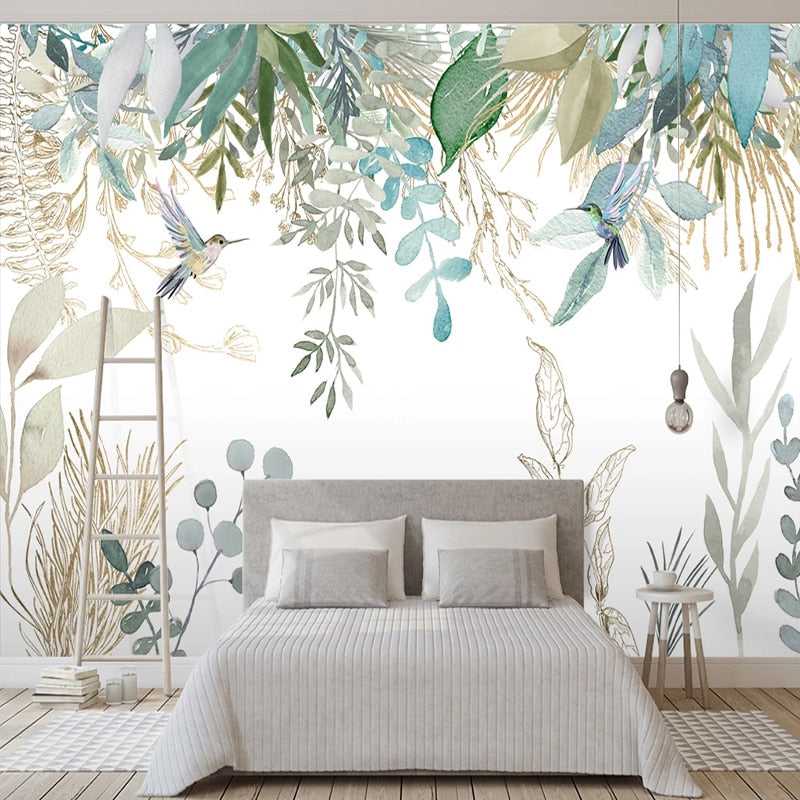 Tropical Plant Leaves Flowers and Birds Wallpaper Mural - Nature-Inspired Peel & Stick Wall Decor for Living Room, Bedroom, Nursery | Easy to Install & Removable