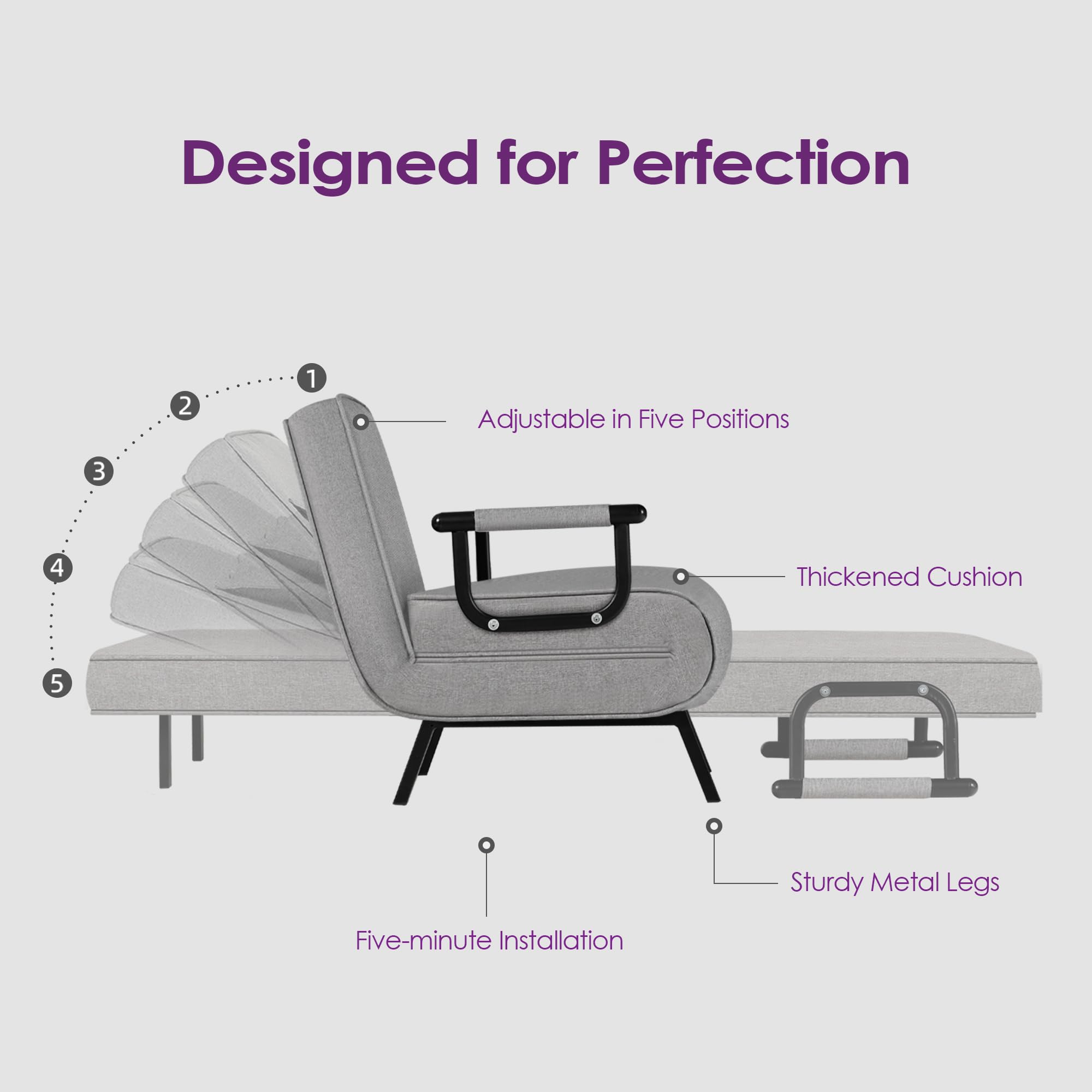 TYBOATLE 5-in-1 Folding Chair Bed - Convertible Sleeper Sofa with Adjustable Backrest & Pillow - Space Saving Futon for Small Apartments, Office, Guest Room - Light Grey - Perfect for Lounging, Napping & Extra Sleeping Space