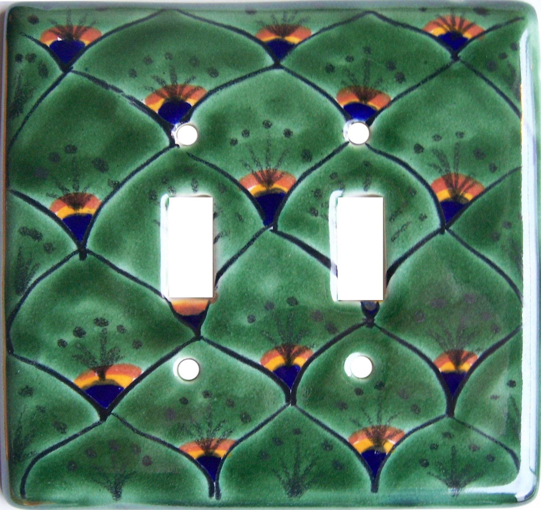 Peacock Talavera Ceramic Double Switch Plate Cover - Hand-Painted Mexican Tile Design for Home Decor - Perfect for Living Room, Bedroom, and Bathroom Wall Outlets