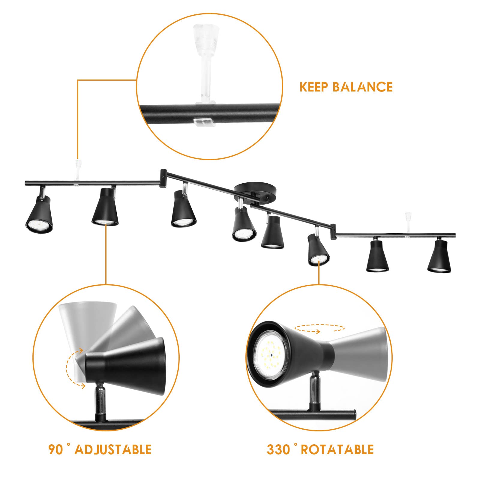 LABOREDUCER Flexible Track Lighting Fixture - Adjustable 8-Light GU10 Track Light Kit, Foldable Ceiling Spot Light for Kitchen, Bedroom & Living Room (Matte Black, Bulbs Not Included) | Perfect for Accent Lighting, Task Lighting & Modern Home Decor