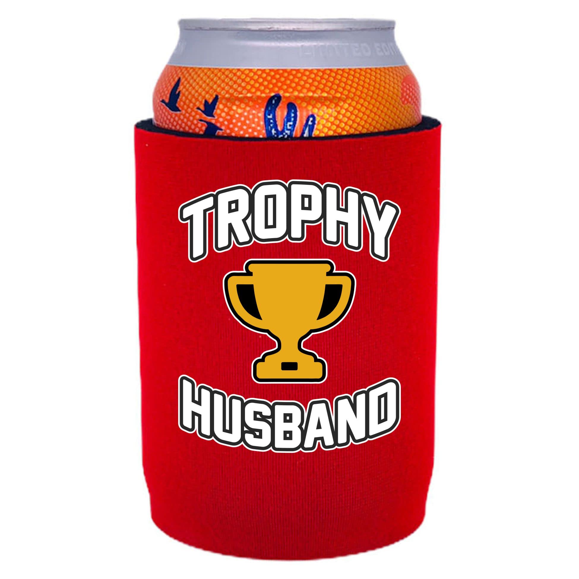 Trophy Husband Full Bottom Can Cooler (1 Pack, Red) - Insulated Beer Koozie for Parties, BBQs & Outdoor Events