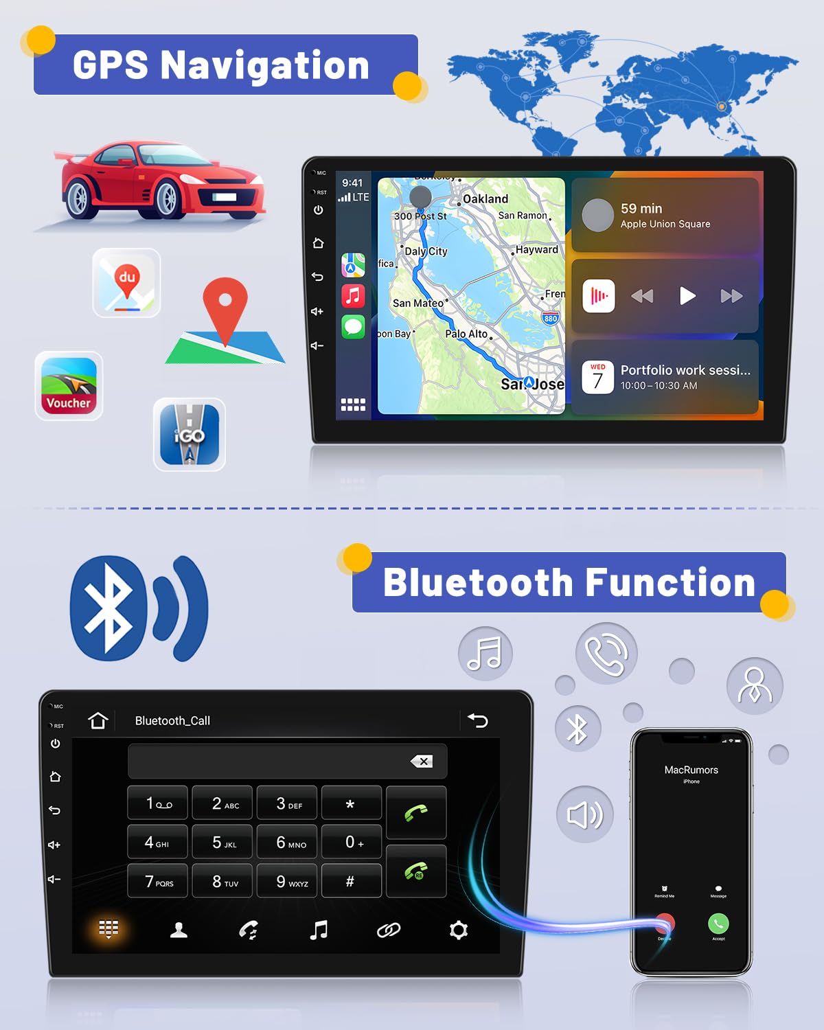 Hikity 10.1 Inch Android 13 Car Stereo with Wireless Apple Carplay & Bluetooth - 2+64GB Double Din Touchscreen GPS Navigation, WiFi, HiFi FM, SWC, Mic & Backup Camera - Perfect for Road Trips & Daily Commuting