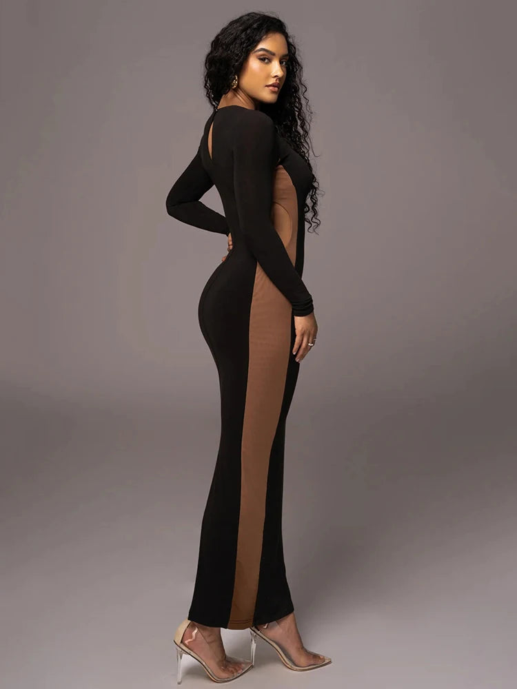 Women's Autumn/Winter Long Sleeve Hollow Out Split Bodycon Dress - Stretchy Tight Maxi Dress for Party, Club & Evening Wear | Elegant Night Out & Special Occasion Outfit