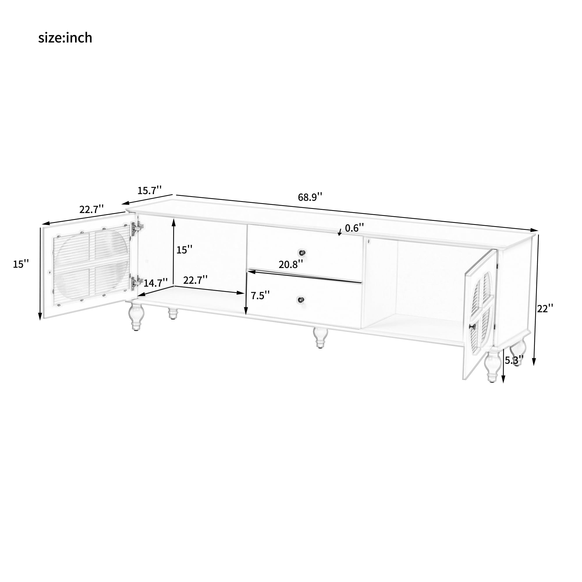 Modern TV Stand for 75 Inch TVs - Entertainment Center with 2 Drawers & 2 Fluted Glass Door Cabinets - 68.9