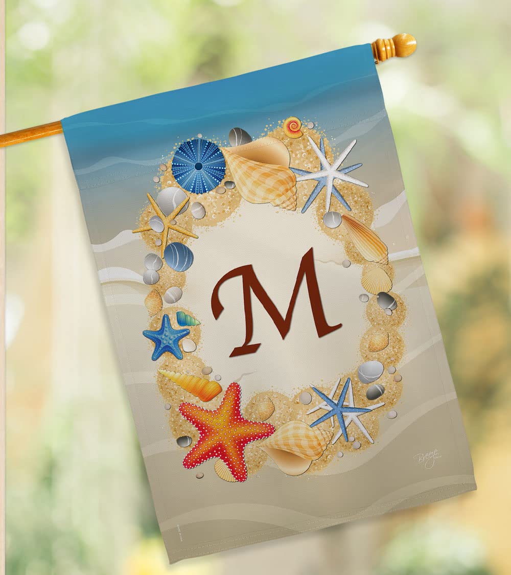 Coastal Beach Decor Flags Set w/Flagpole - Summer M Initial for Garden & Home