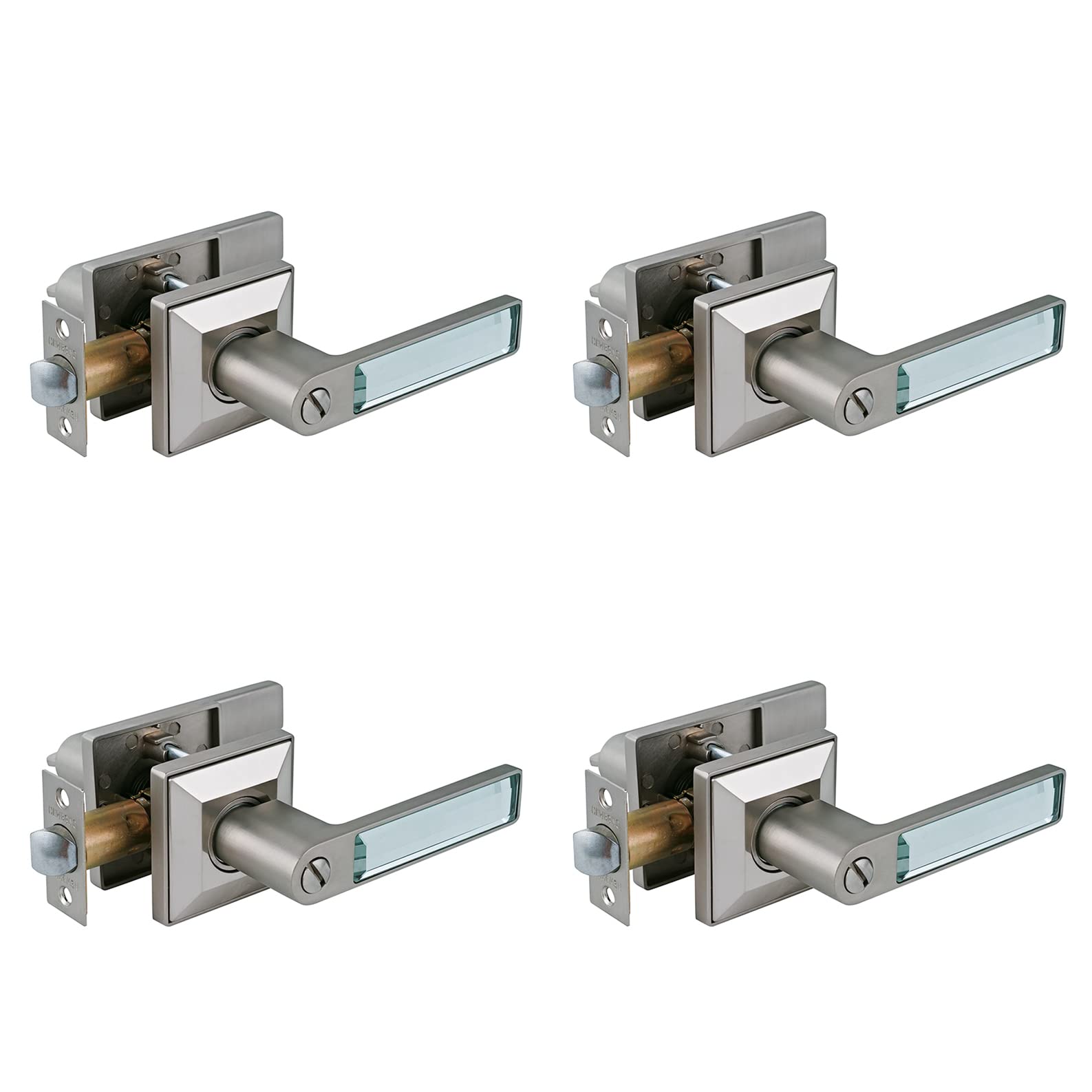 4 Pack Brushed Nickel Crystal Door Lever - Privacy Bedroom & Bathroom Door Handle, Elegant Glass Crystal Knob for Interior Doors (Ideal for Home, Office, and Hotel Use)