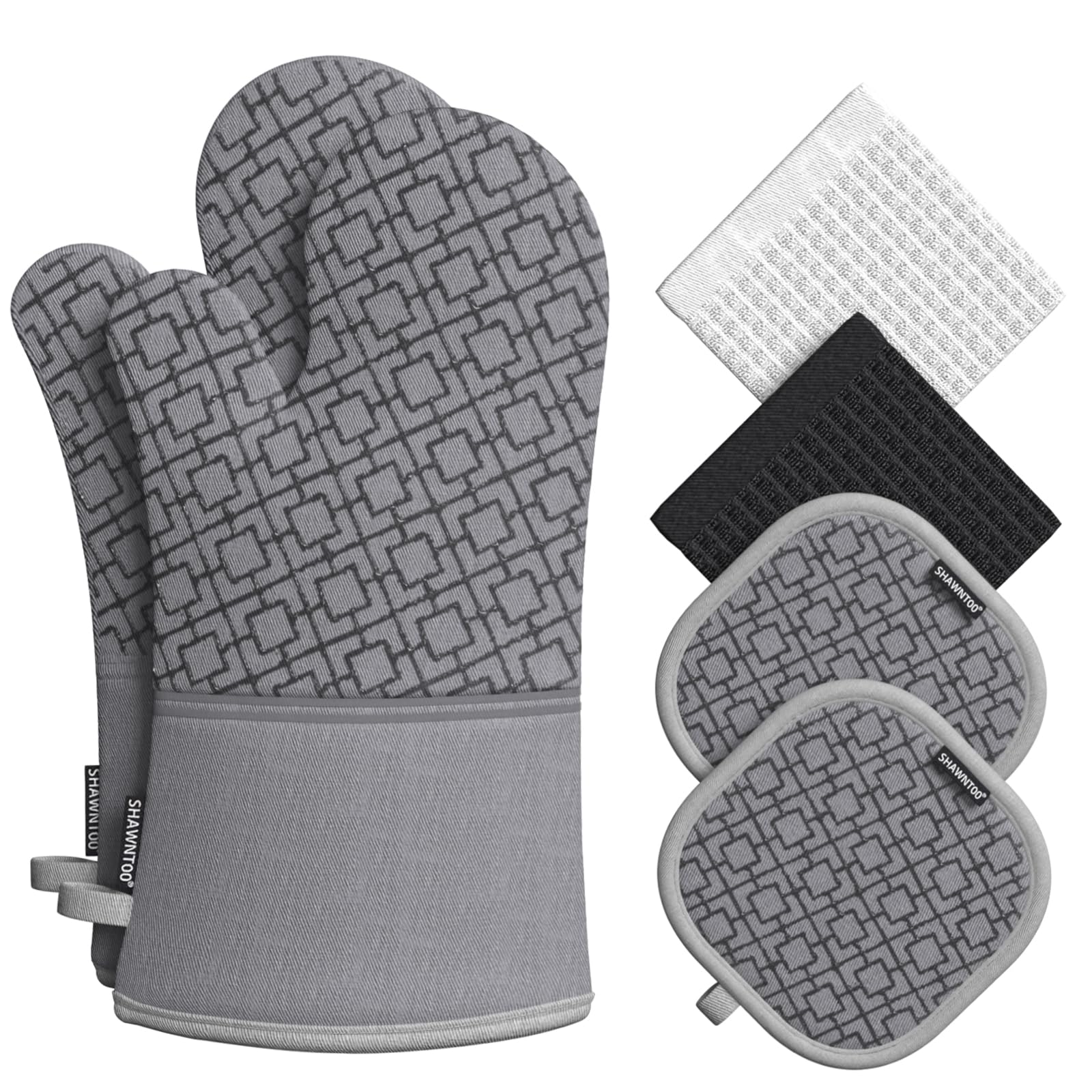 6-Piece High Heat Resistant Oven Mitts and Pot Holders Set - 550°F Extra Long Kitchen Gloves with Non-Slip Silicone Surface for Baking, Grilling & Cooking - Perfect for Home Essentials (Grey)