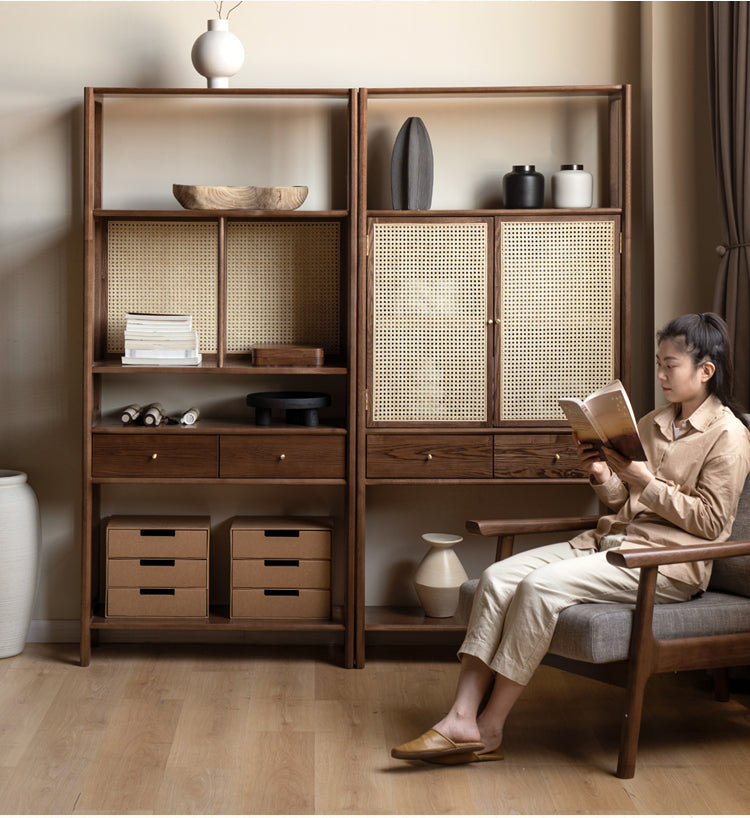 Solid Black Walnut & Ash Wood Bookshelf Display Cabinet - Modern Bookcase for Living Room, Office & Library Storage