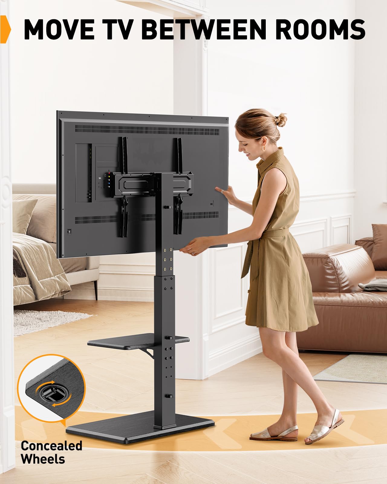 Perlegear Rolling TV Stand with Hidden Wheels - Adjustable Height TV Stand for 30-60 inch TVs (Up to 88 lbs), Wood Base Floor TV Stand with 8 Height Settings & Max VESA 400x400mm - Perfect for Living Room, Bedroom, or Home Theater Setup (Model PGFS14)