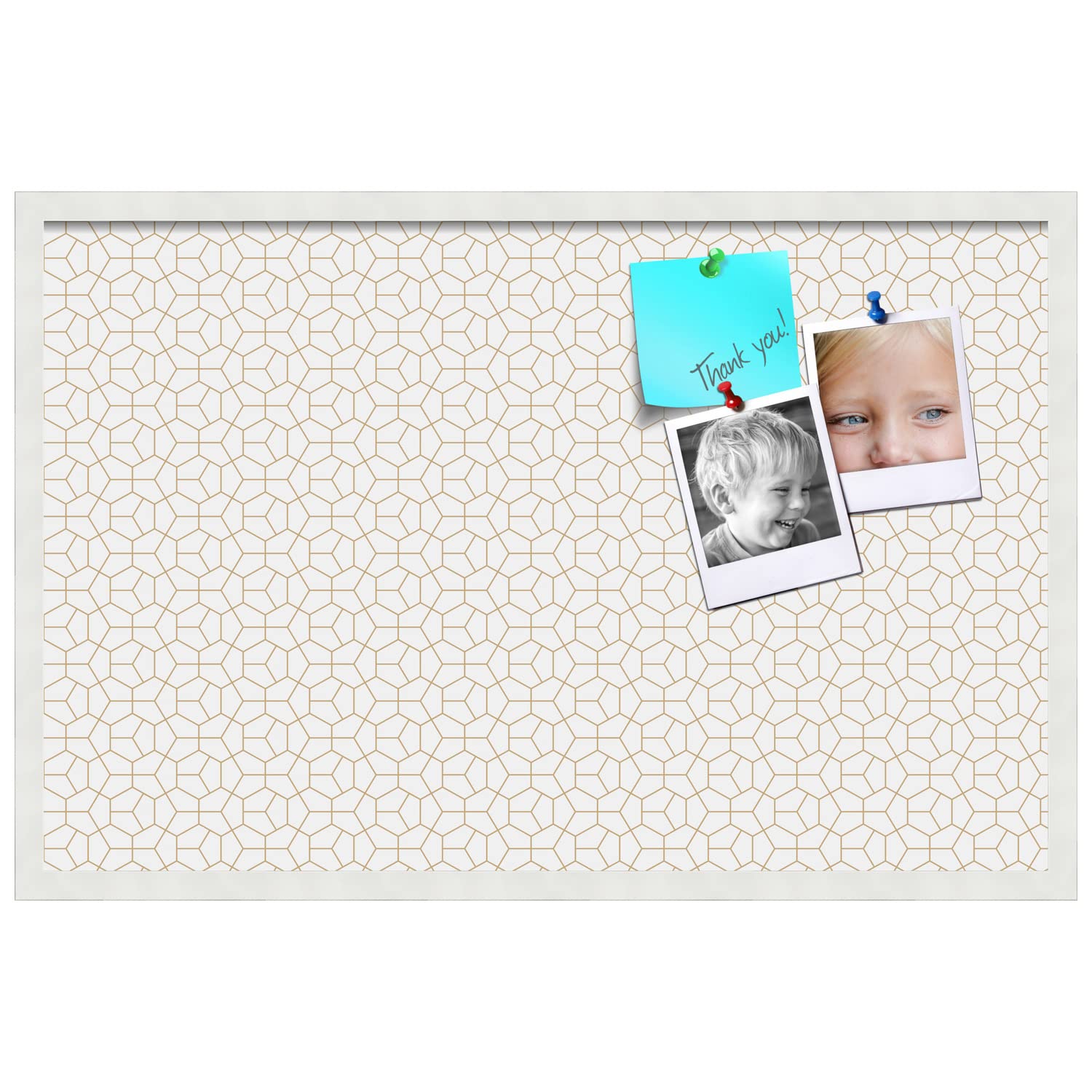 PinPix 34x22 Inch Cork Bulletin Board - Decorative Framed Pin Board with Modern Hex Gold Design & Satin White Frame - Perfect for Home Office Decor, School Classroom, Dorm Room Organization & Vision Board Display (PinPix-1537)