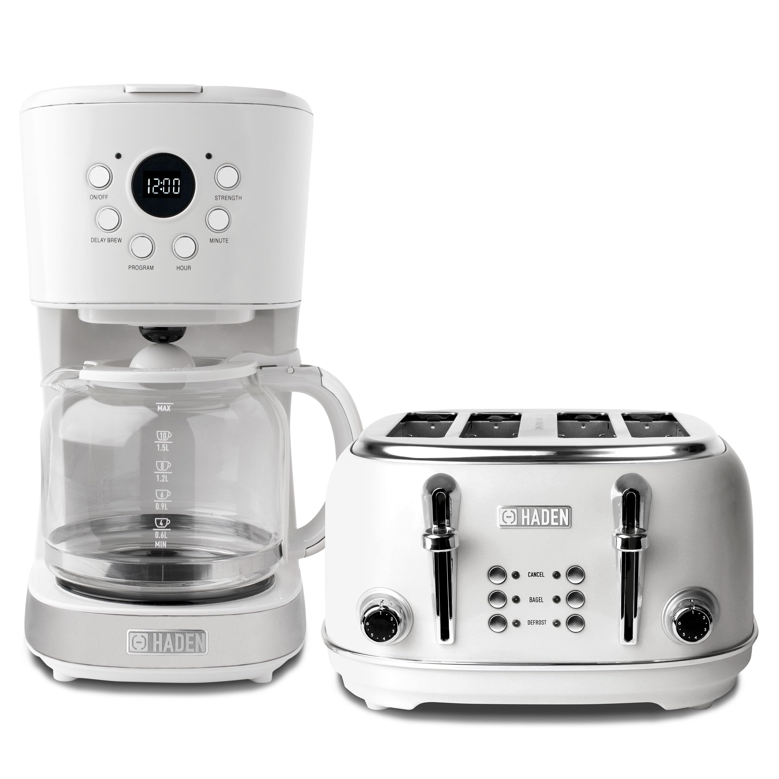 Haden Heritage 4 Slice Wide Slot Stainless Steel Toaster with 12 Cup Programmable Drip Coffee Maker Set - Ivory & Chrome | Perfect for Breakfast & Kitchen Countertop