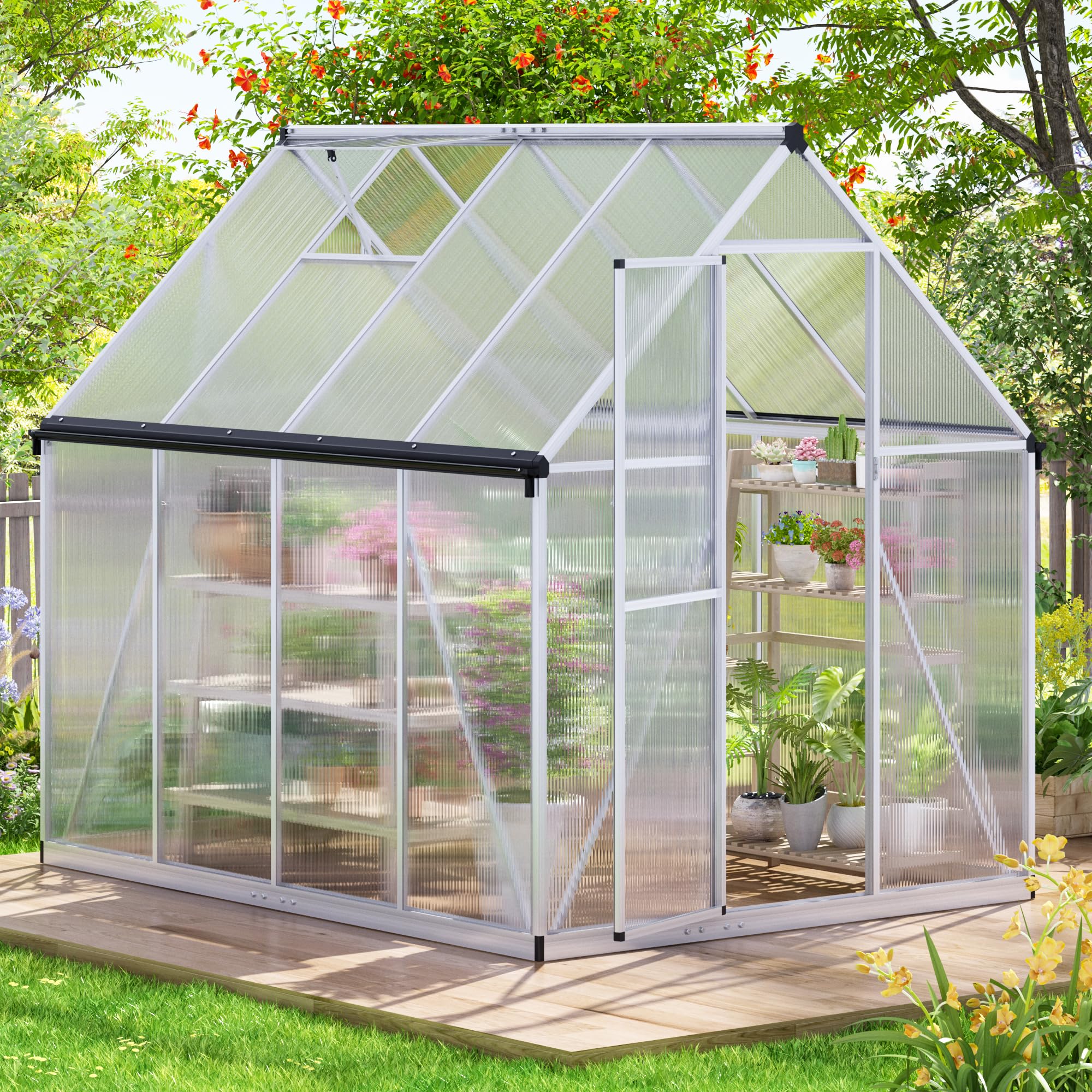 6x7.5 FT Polycarbonate Greenhouse for Outdoors - Aluminum Walk-in Greenhouse with Quick Setup Structure & Roof Vent - Large Backyard Garden Greenhouse for Plants, Vegetables & Flowers (Silver) - Perfect for Year-Round Gardening, Seed Starting & Plant Protection