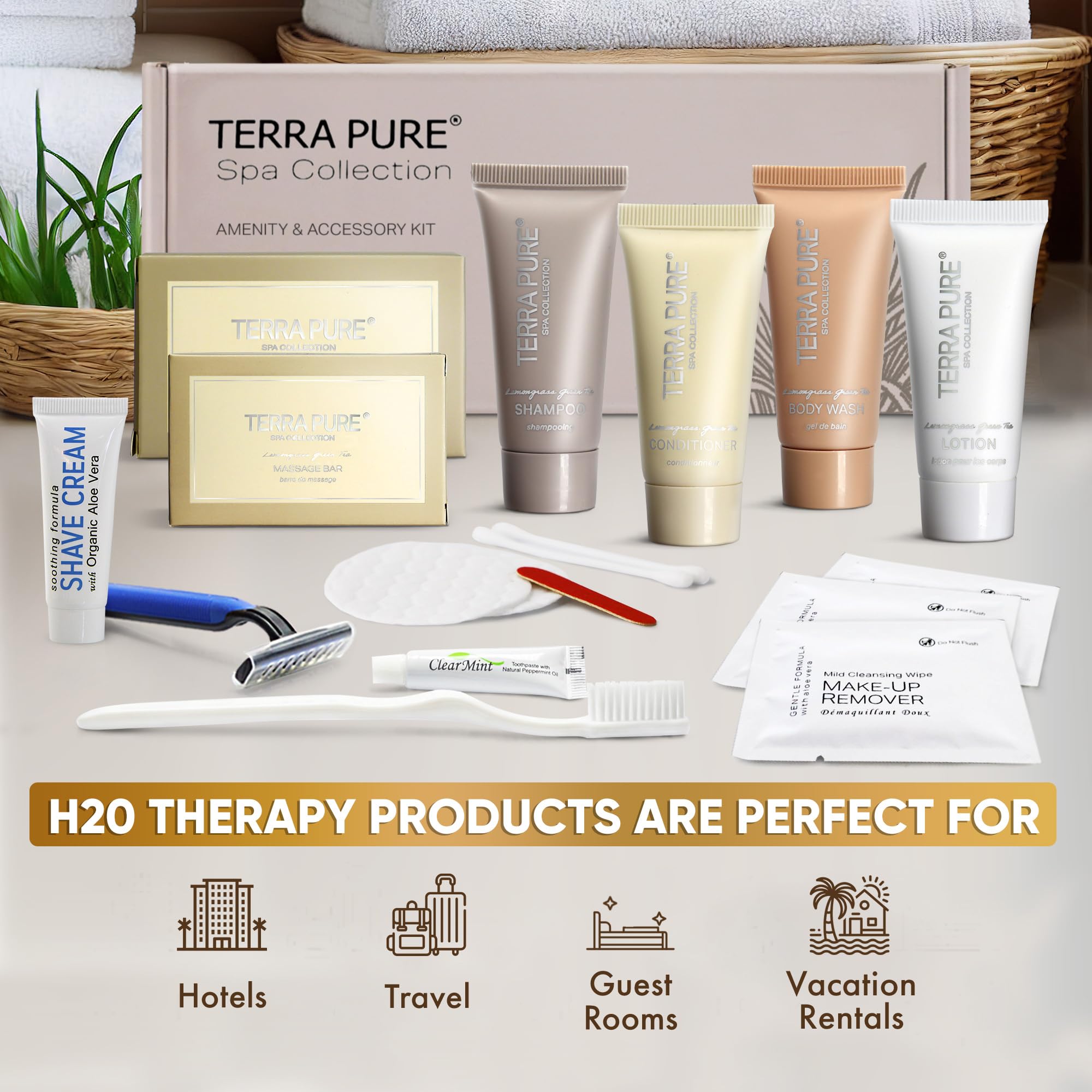 Terra Pure Spa Collection - 60-Piece Travel Amenity Kit with Shampoo, Conditioner, Lotion, Body Wash, Soap Bars, Shaving & Dental Sets, Makeup Remover Wipes | Perfect for Hotels, Spas, Airbnbs, and Luxury Travel Essentials