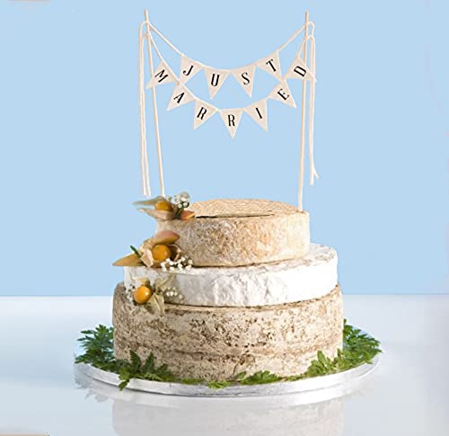 Handmade Rustic Just Married Cake Topper with Wood Pole - Preassembled Wedding Cake Decor for Cheese Cakes & Bunting Flags - Perfect for Rustic Weddings, Anniversary Celebrations, and Bridal Showers
