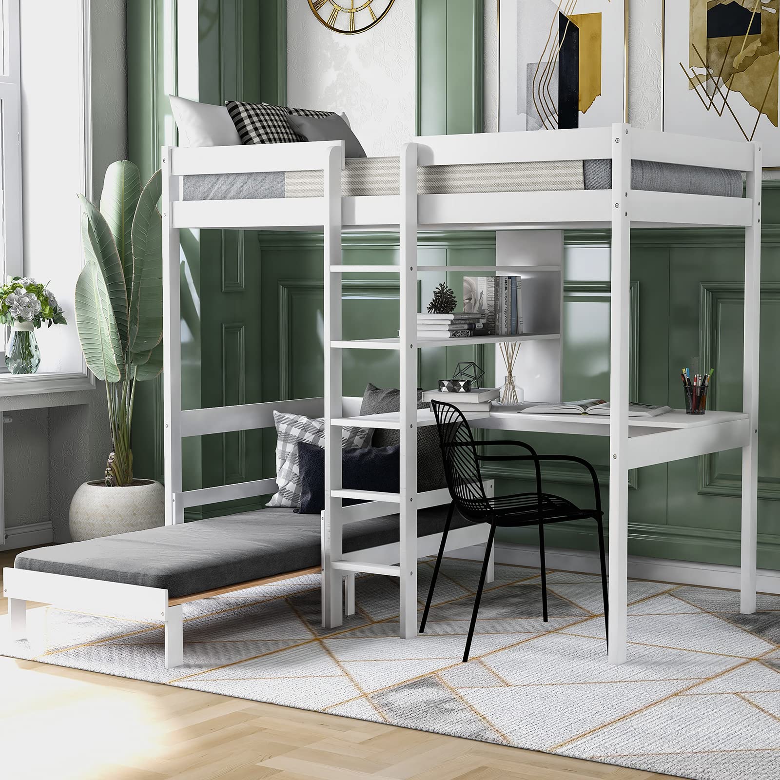 Multifunctional Wooden Loft Bed with Built-in Desk & Storage Shelves - Space-Saving Twin Over Twin Bunk Bed for Kids & Adults - Perfect for Small Bedrooms, Dorms & Studio Apartments