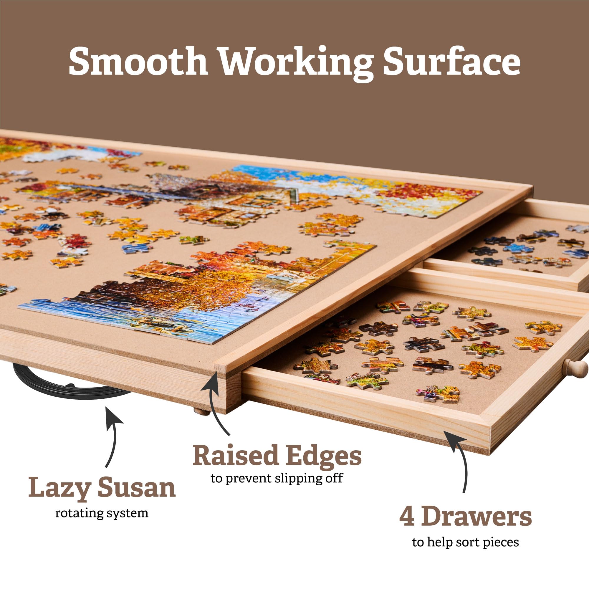 1500 Piece Rotating Wooden Jigsaw Puzzle Board with 6 Storage Drawers & Protective Cover - Puzzle Table for Adults & Families - Perfect for Game Nights, Home Entertainment & Educational Activities
