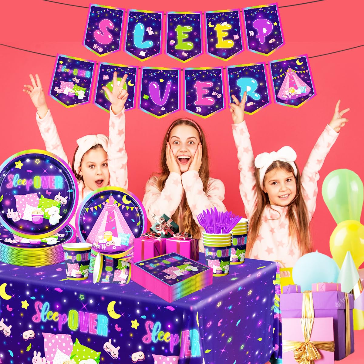142pcs Slumber Party Decorations Kit - Disposable Plates, Napkins & Plastic Tablecloth for Girls' Sleepover & Pajama Party | Perfect for Birthday Parties, Tent Camping Nights & Teen Sleepovers