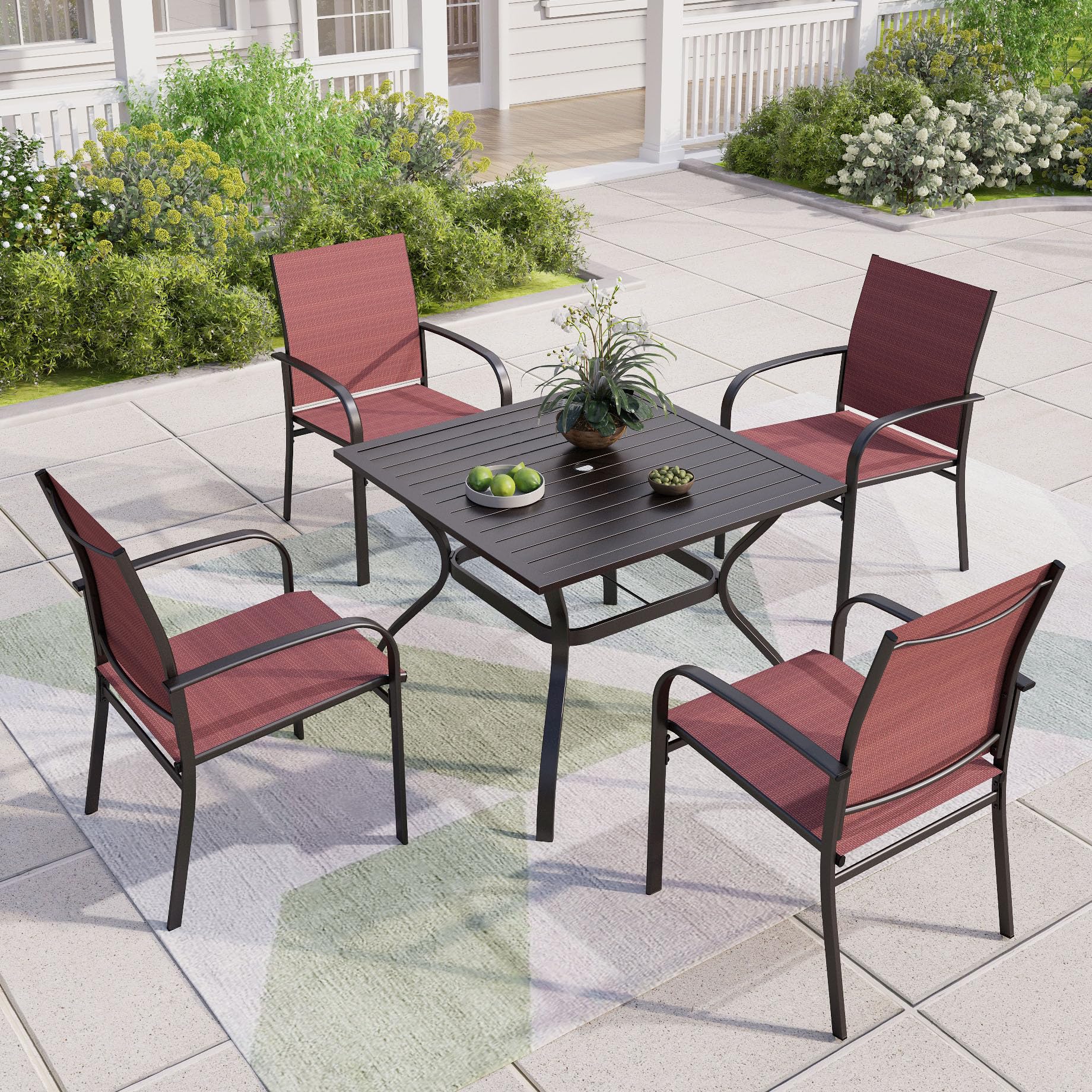 5-Piece Outdoor Patio Dining Set with 4 Red Textilene Chairs & 37