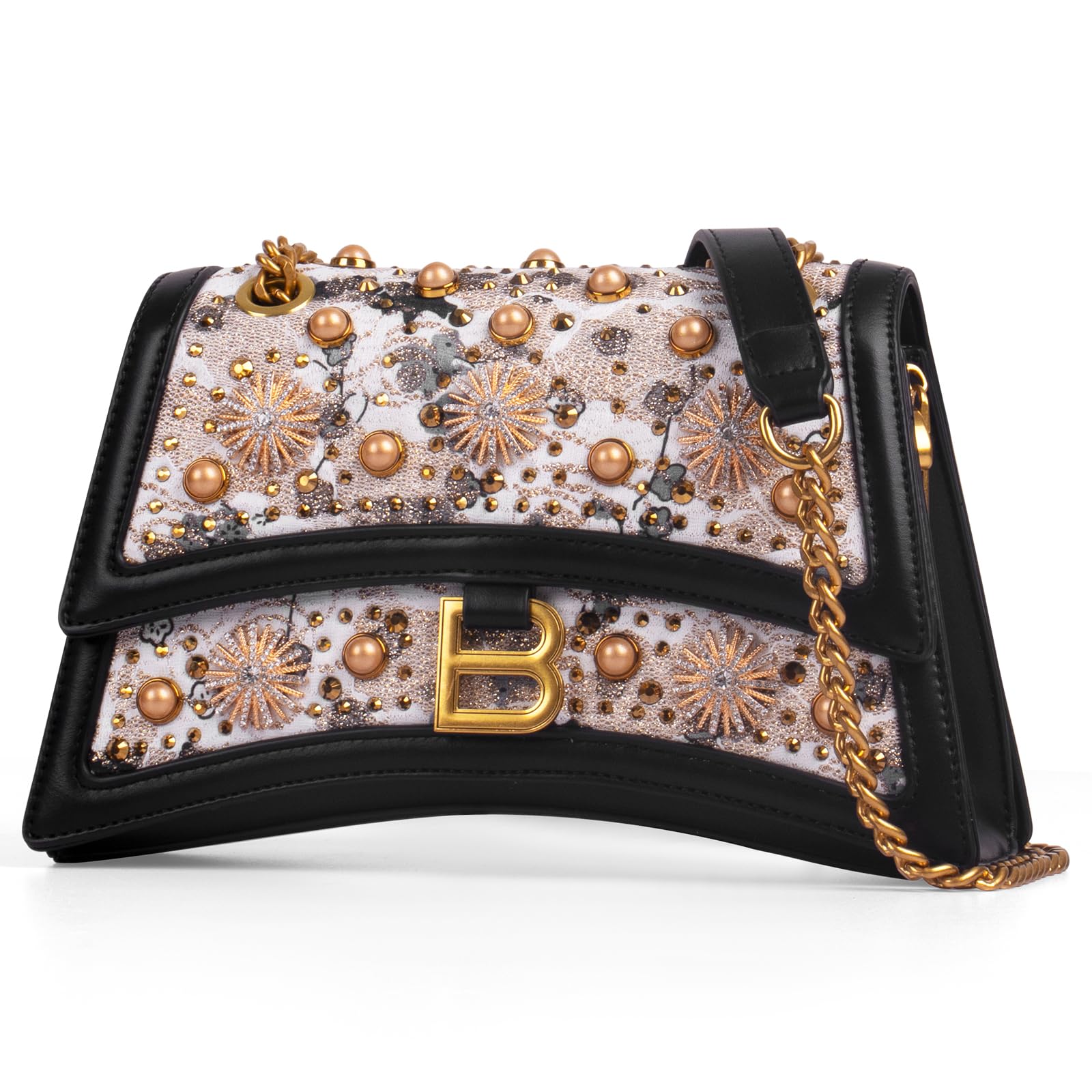 Stylish Women's Crossbody Bag with Rhinestone Floral Design - Trendy Small Chain Purse, Satchel Handbag in Black for Everyday Use & Special Occasions