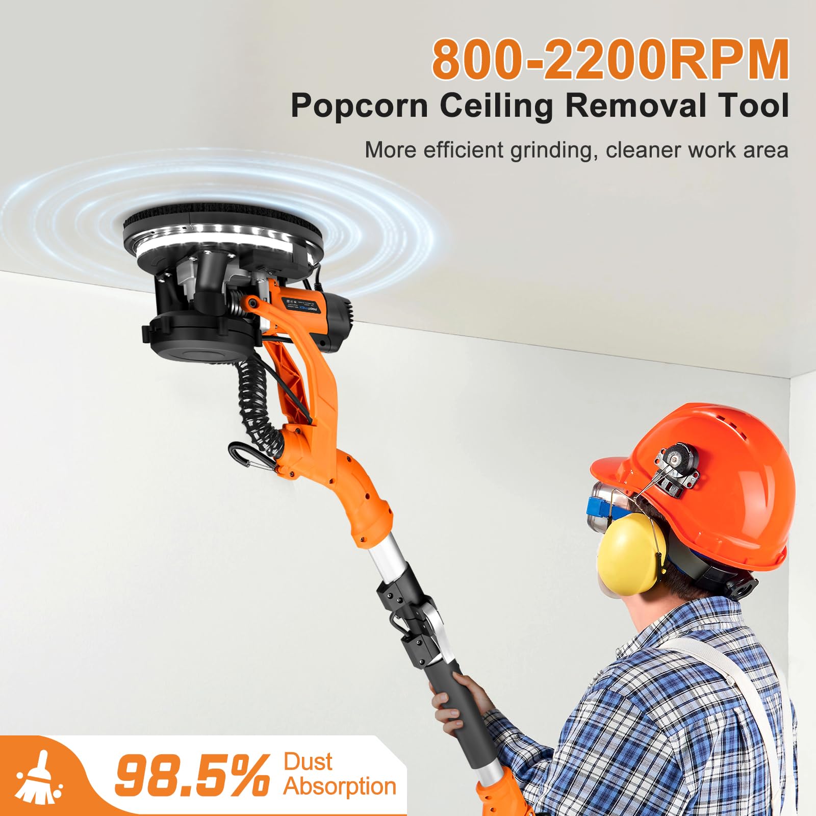 1000W Automatic Drywall Sander with Vacuum Dust Collection - Popcorn Ceiling Removal Tool, LED Light, 6-Speed Adjustable (800-2200RPM), Includes 15 Sanding Discs & Foldable Extendable Handle - Perfect for Home Renovation, Wall Repair, and DIY Projects