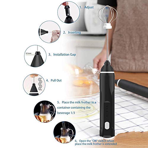 SNOMYRS USB Rechargeable Milk Frother - 3-Speed Handheld Electric Immersion Blender with 2 Stainless Steel Whisk Attachments - Portable Frother for Coffee, Cappuccino, Hot Chocolate & Matcha - Perfect for Home, Office & Travel (Black)