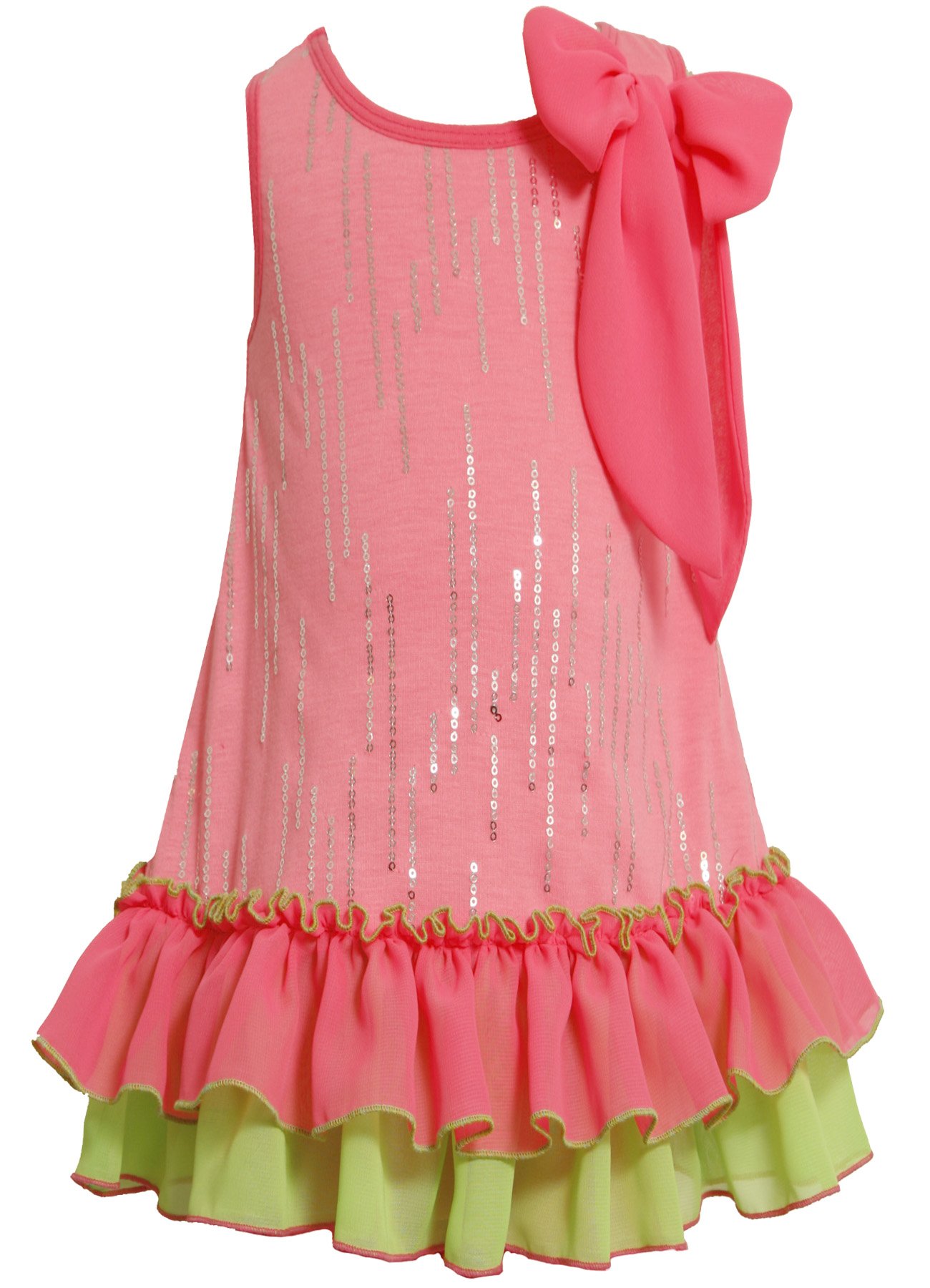 Bonnie Jean Girls' Pink & Green Bow Shoulder Tiered Ruffle Sequin Knit Dress for Toddler 2T-6X | Party, Holiday & Special Occasion Outfit