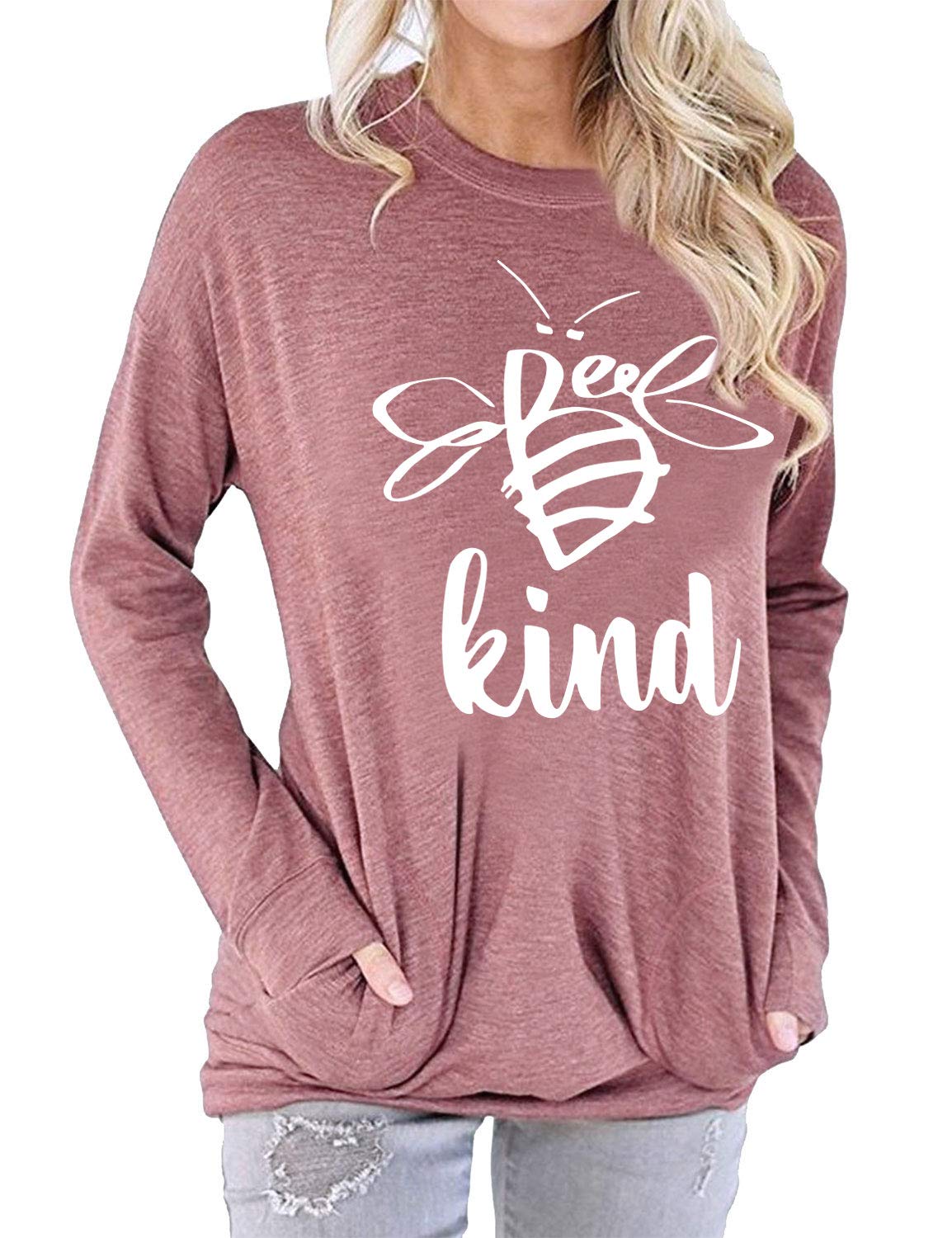 OUNAR Bee Kind T-Shirts & Sweatshirts for Women - Funny Inspirational Lightweight Long Sleeve Pullover - Perfect for Teachers, Casual Wear & Everyday Outfits