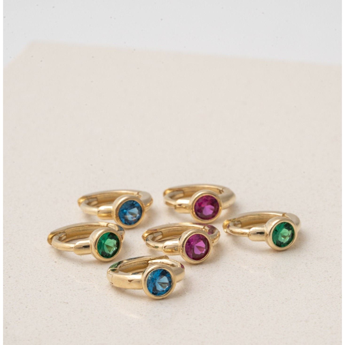 14K Solid Yellow Gold Emerald Huggie Hoop Earrings - Dainty Bezel Set Studs for Women, Perfect for Everyday Wear & Special Occasions