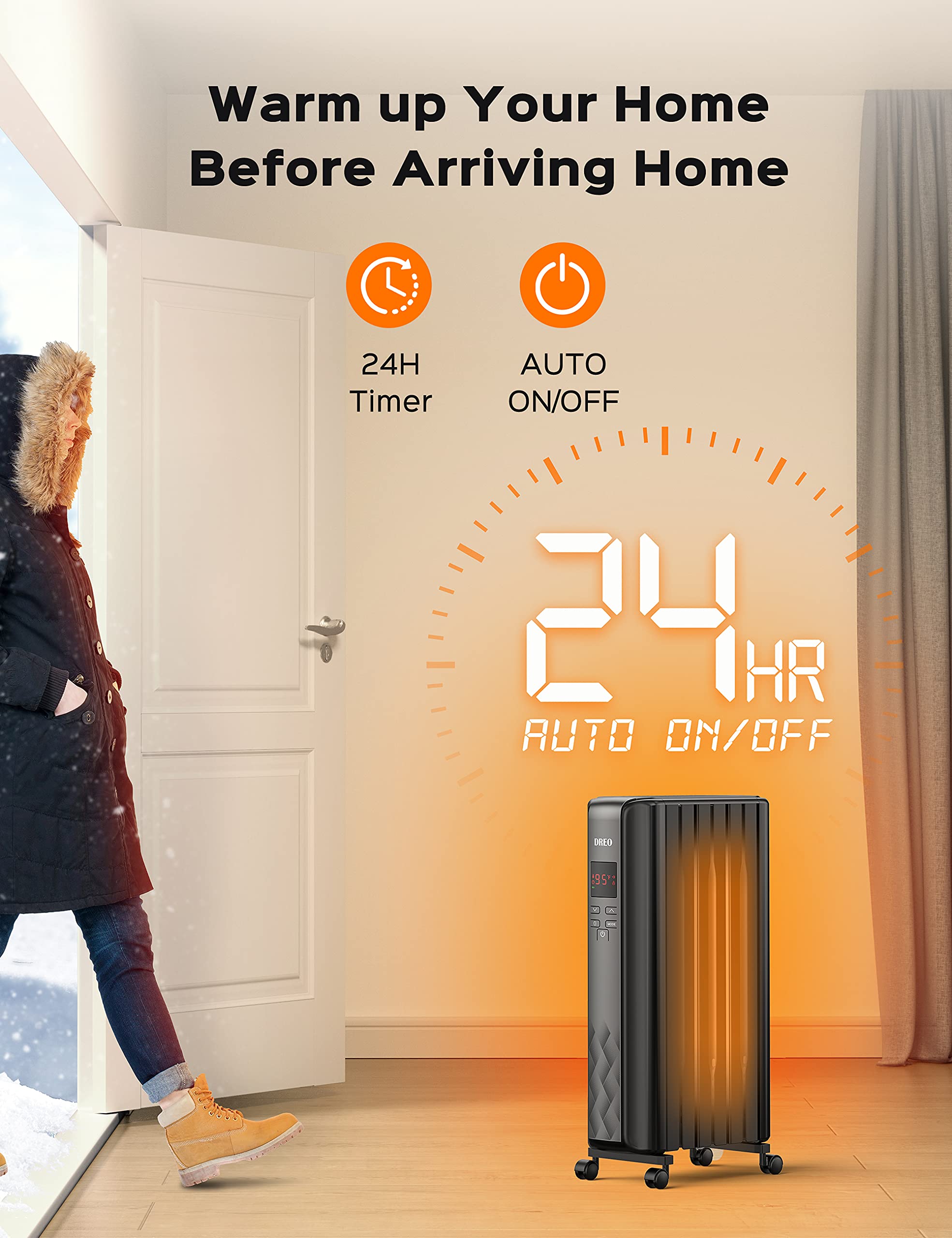 Dreo Oil Filled Radiator Heater - 1500W Electric Space Heater with Remote Control, 4 Heating Modes, Overheat & Tip-Over Protection, 24H Timer & Digital Thermostat | Quiet Portable Heater for Bedroom, Living Room, Office & Large Indoor Spaces | Energy Efficient Winter Heating Solution