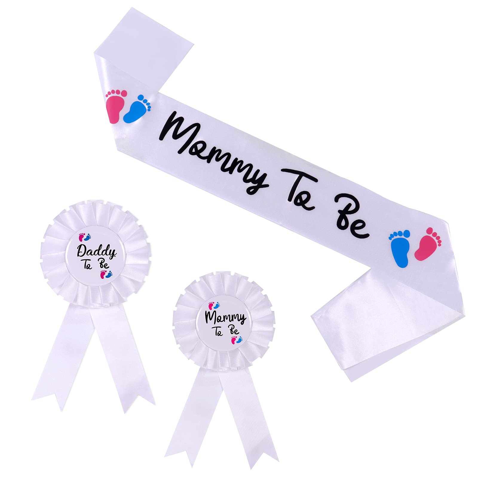 NEWHAPPYLAND Baby Shower Decorations - Mommy to Be & Daddy to Be Sash with Tinplate Badge Pins - Gender Reveal Party Favors for Baby Showers, Gender Reveals & Maternity Celebrations