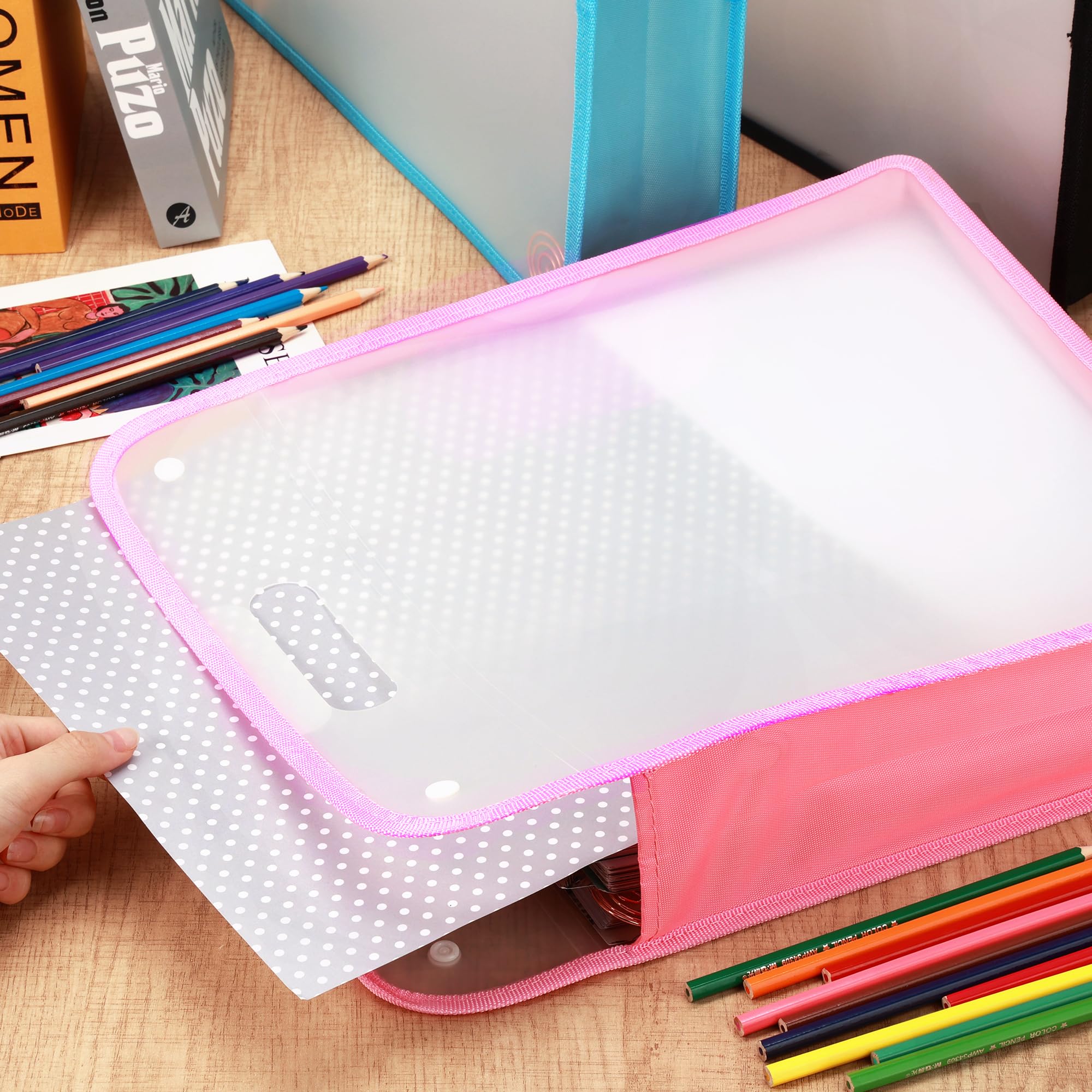 Caydo 3-Pack Clear Expanding Scrapbook Paper Organizer with Handle - 12x12 Portable Paper Storage for Scrapbooking, Vinyl, Cardstock (Blue, Pink, Black) - Perfect for Craft Rooms, Scrapbook Projects & Art Supplies Organization