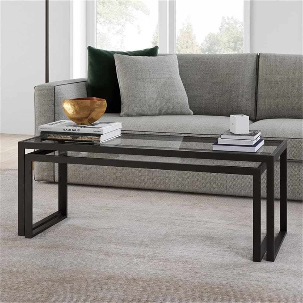 Black & Bronze Metal Nested Coffee Tables Set of 3 - Modern Living Room Furniture for Small Spaces, Home Decor, Coffee Table Set for Apartment, Office, Lounge
