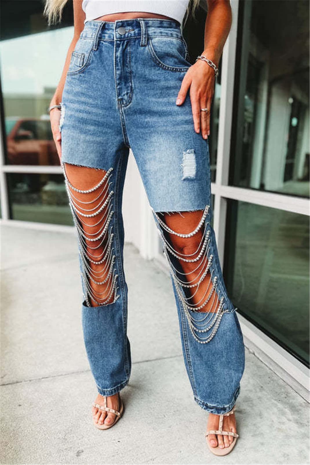 Hotheart Women's Sexy Ripped Distressed Rhinestone Chain Denim Jeans - Trendy Party Clubwear for Night Out & Casual Street Style