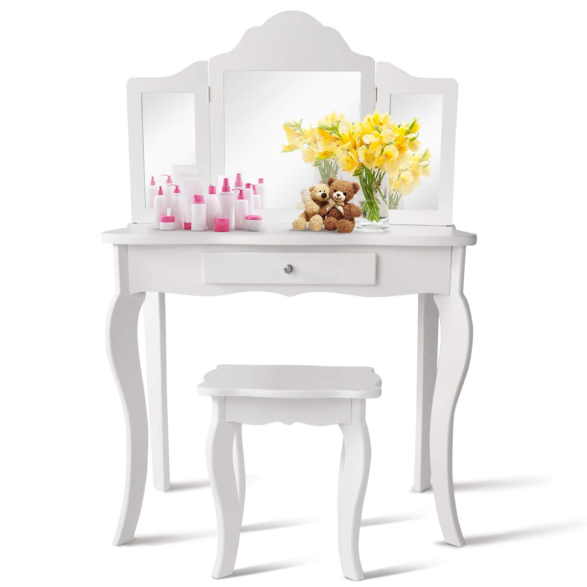 HOMGX White Wooden Kids Vanity Table Set with 180° Tri-Folding Mirror & Stool - Princess Makeup Dressing Table with Pull-Out Drawer for Little Girls | Perfect for Bedroom, Birthday Gifts & Pretend Play