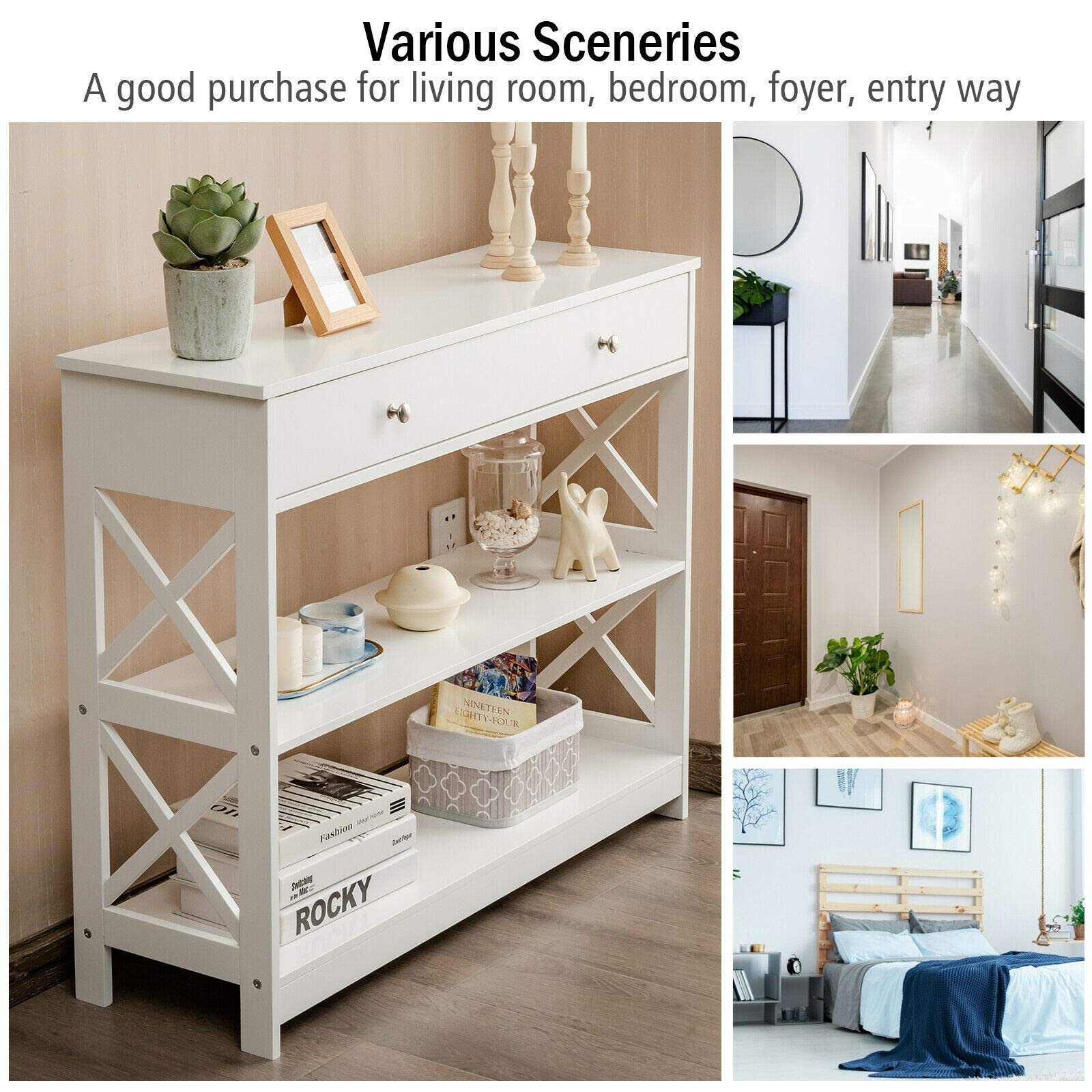 Elegant White Console Table with Storage Drawers & Shelves - Sturdy & Durable Sofa Accent Table for Living Room, Hallway, Entryway - Perfect for Home Decor & Organizing Keys, Books & Decorative Items