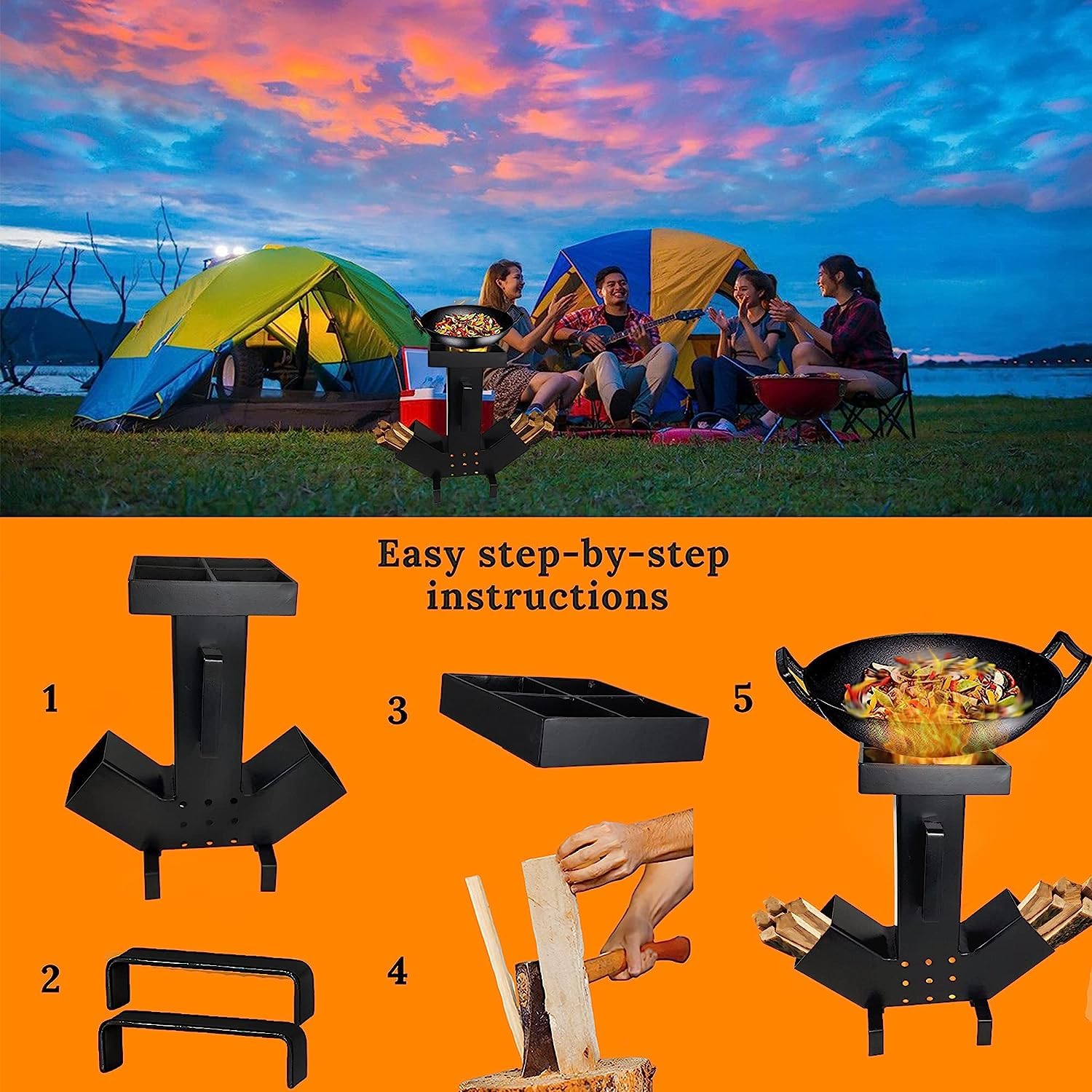 FEBTECH Portable Camping Rocket Stove - Large Dual-Side Fuel Chamber with Self-Feeding Design - Removable Top for Easy Cleaning - Perfect for Outdoor Cooking, Picnics, Camping & Hunting Adventures - Ideal for Backpacking, Emergency Preparedness & Survival Situations