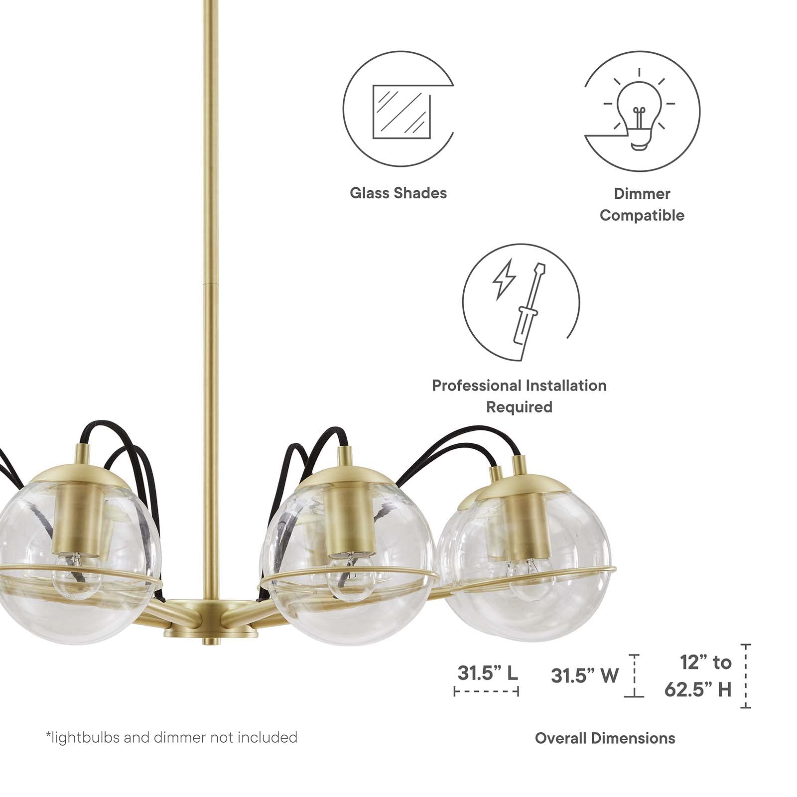 Modway EEI-5307-CLR-GLD Hanna Crystal Chandelier with Gold Accents - Elegant Dining Room Lighting for Home Decor & Wedding Venues