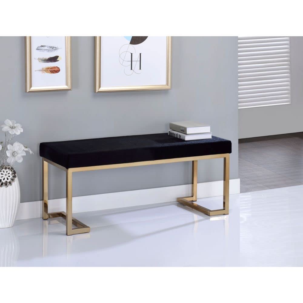 Modern Black Padded Rectangular Bench with Champagne Metal Legs - Stylish Entryway Seating, Bedroom Footrest, or Living Room Ottoman