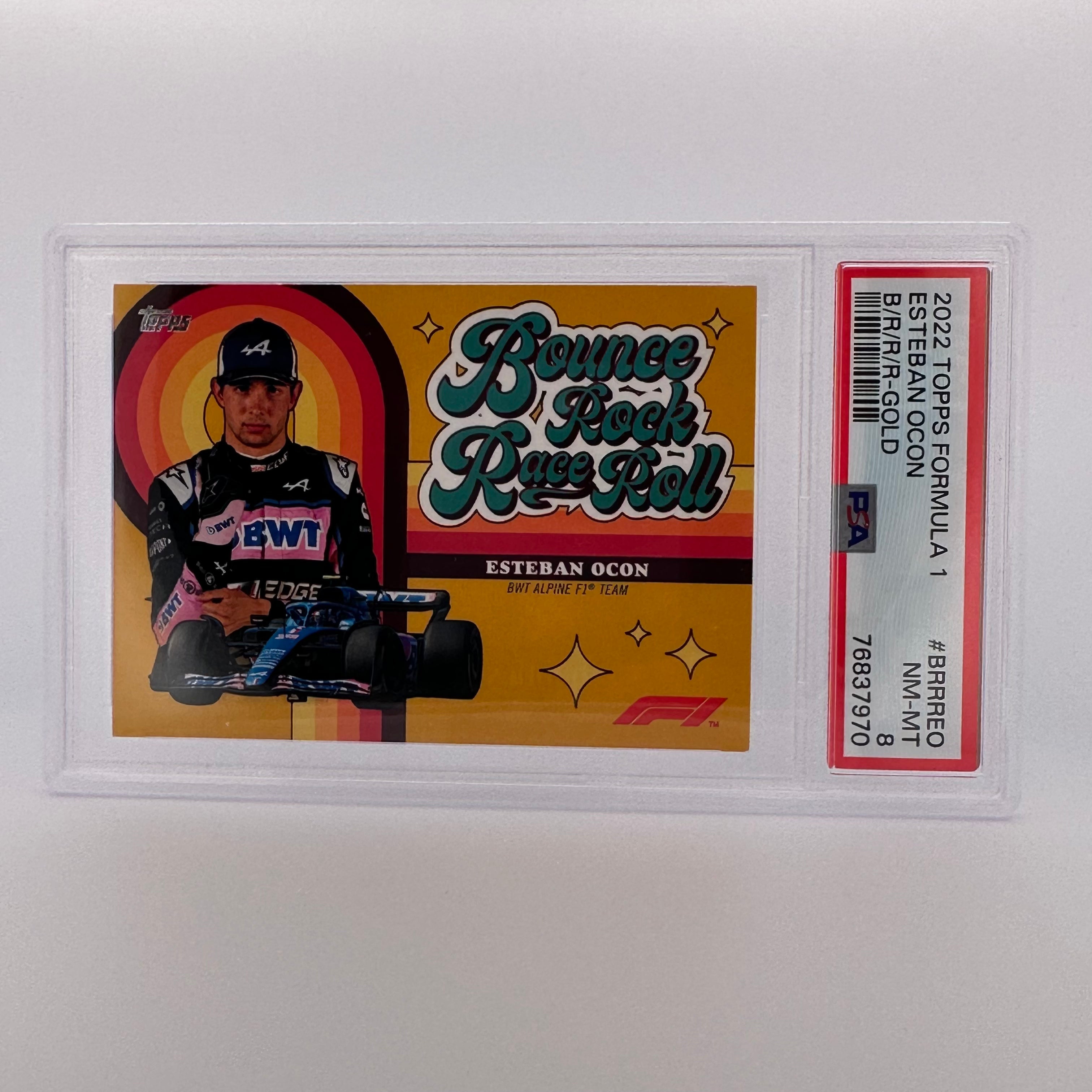PSA 8 Esteban Ocon #BRRREO Bounce Rock Race Roll Gold - 14/50 Limited Edition Trading Card for Collectors & Racing Fans - Perfect for Display, Gifts, and Investment