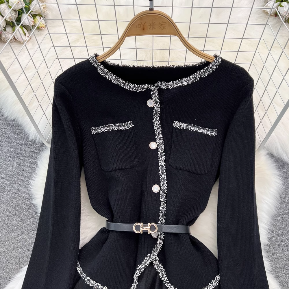 Vintage Long Sleeve Round Neck Mesh Knit A-Line Dress for Women - Fall Winter Retro Style Outfit 1352 | Perfect for Holiday Parties, Date Nights & Office Wear