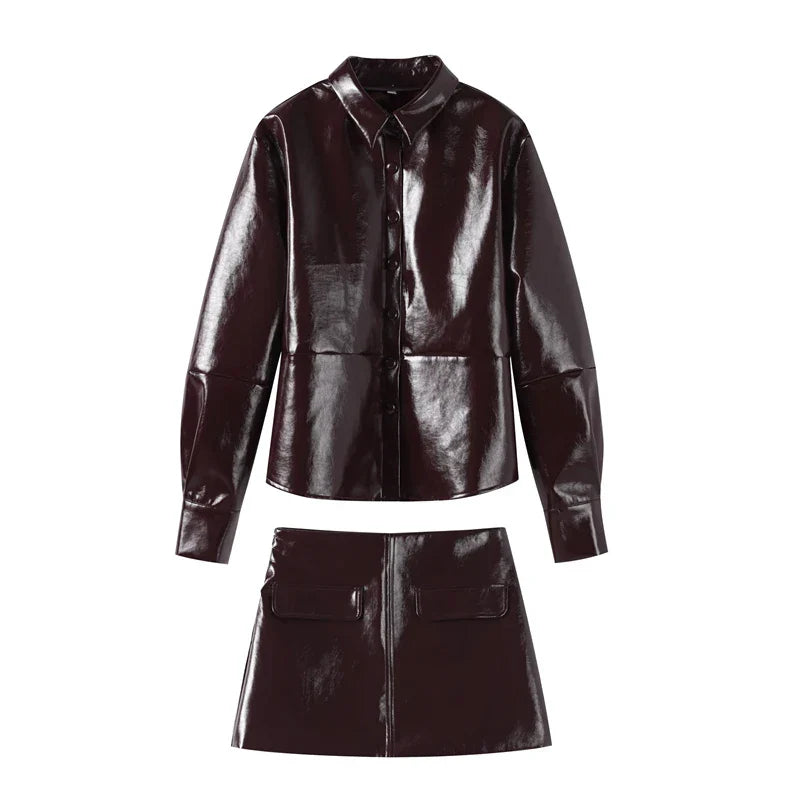 Women's Fashion Leather Coat & Skirt Set - Autumn Winter O-Neck Long Sleeve Single Breasted Jacket with Mini Skirt Two Piece Outfit for Ladies | Office Wear, Date Night, Holiday Party Outfits