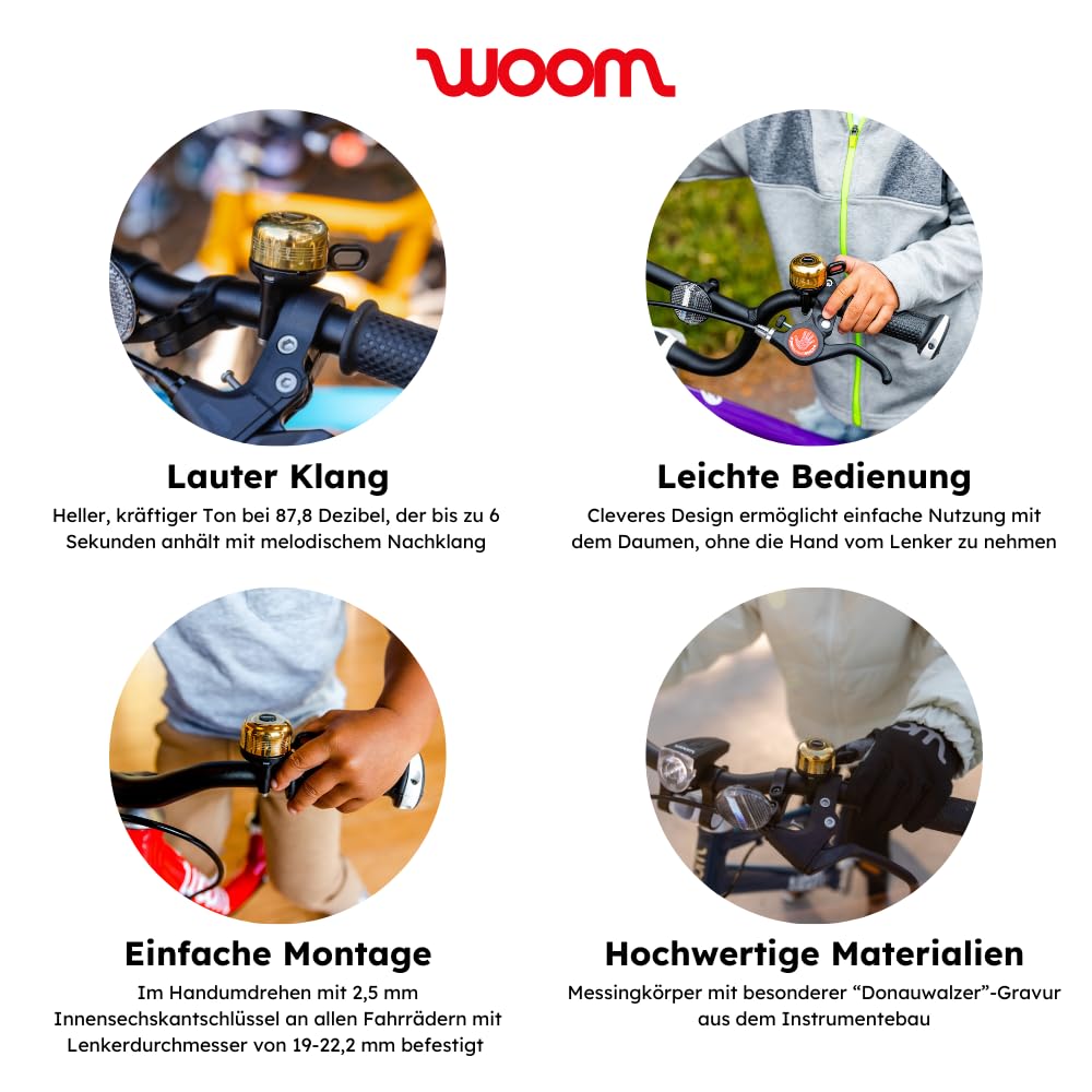 Woom Kids Bike Bell - Loud & Durable Bicycle Bell for Boys & Girls - Fits 19-22.2mm Handlebar Diameter - Perfect for Safe Cycling in Parks & Neighborhoods