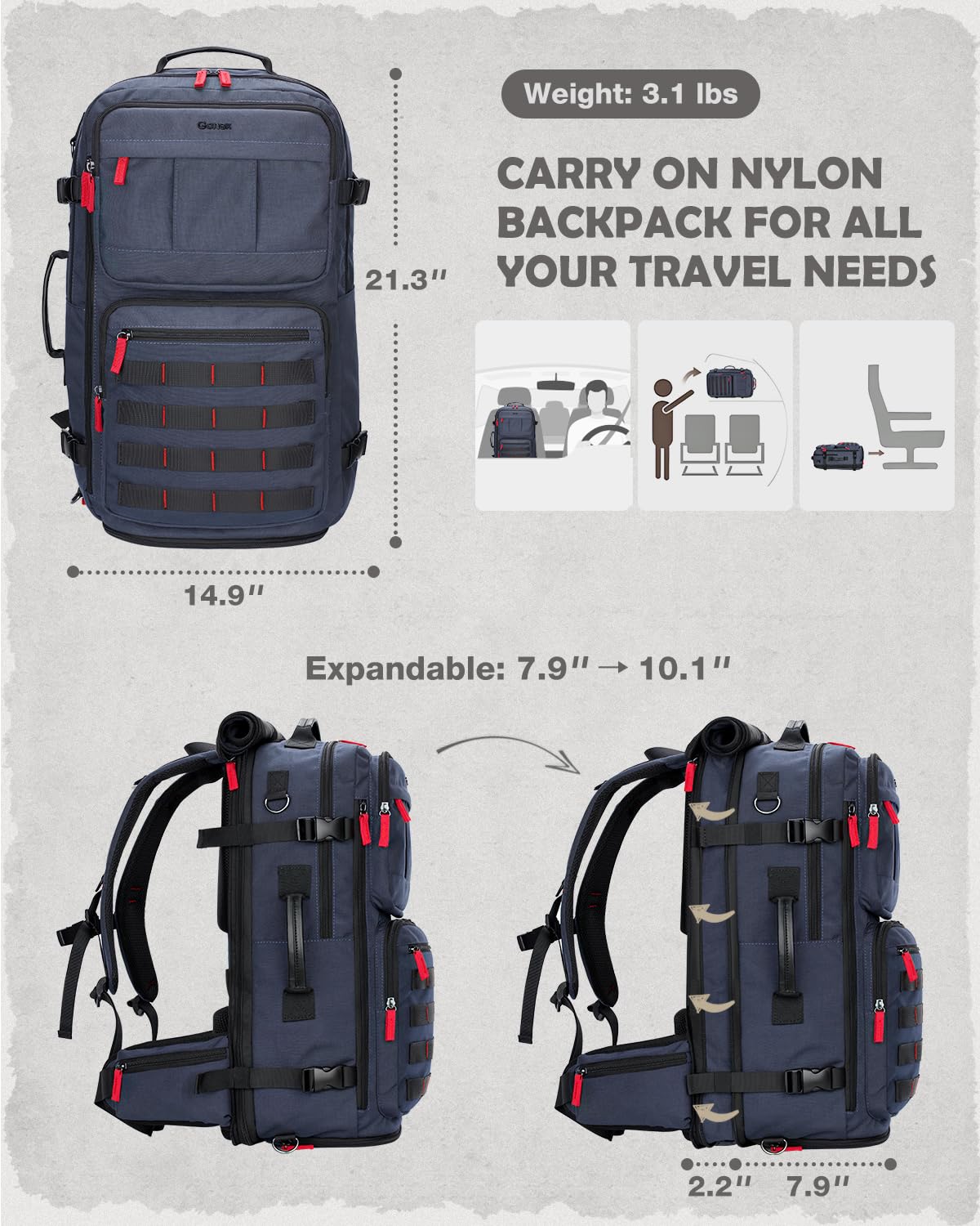 Gonex 3-in-1 Convertible Travel Backpack - Large Carry-On Nylon Duffle Bag for Men & Women - Waterproof Laptop Backpack for Work, Gym & Weekend Travel - Durable Multi-Purpose Bag (Blue)
