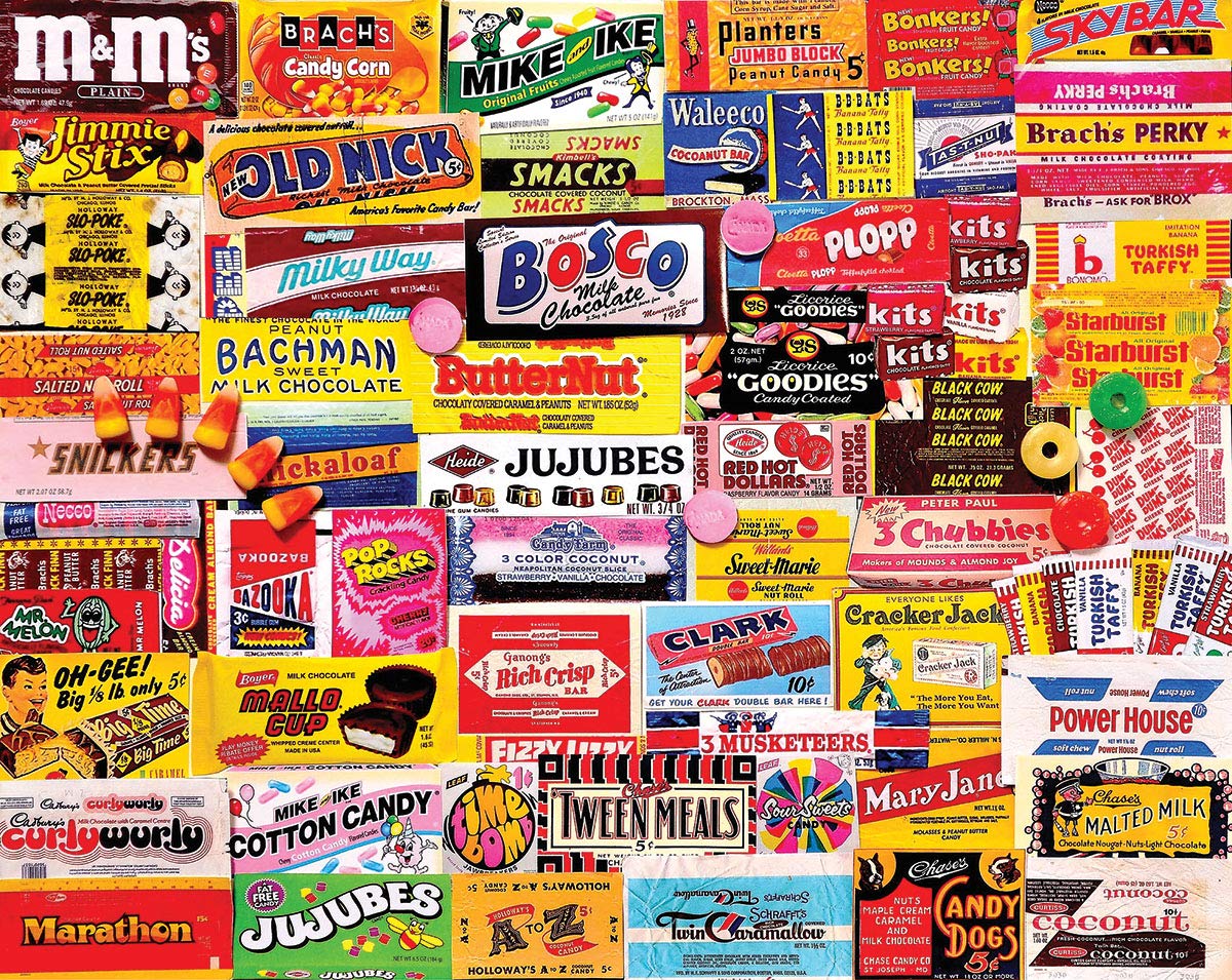 White Mountain Puzzles Candy Wrappers - 1000 Piece Jigsaw Puzzle for Adults, Vintage Candy Wrapper Collage, Challenging Family Game Night Activity, Perfect Gift for Puzzle Lovers & Collectors