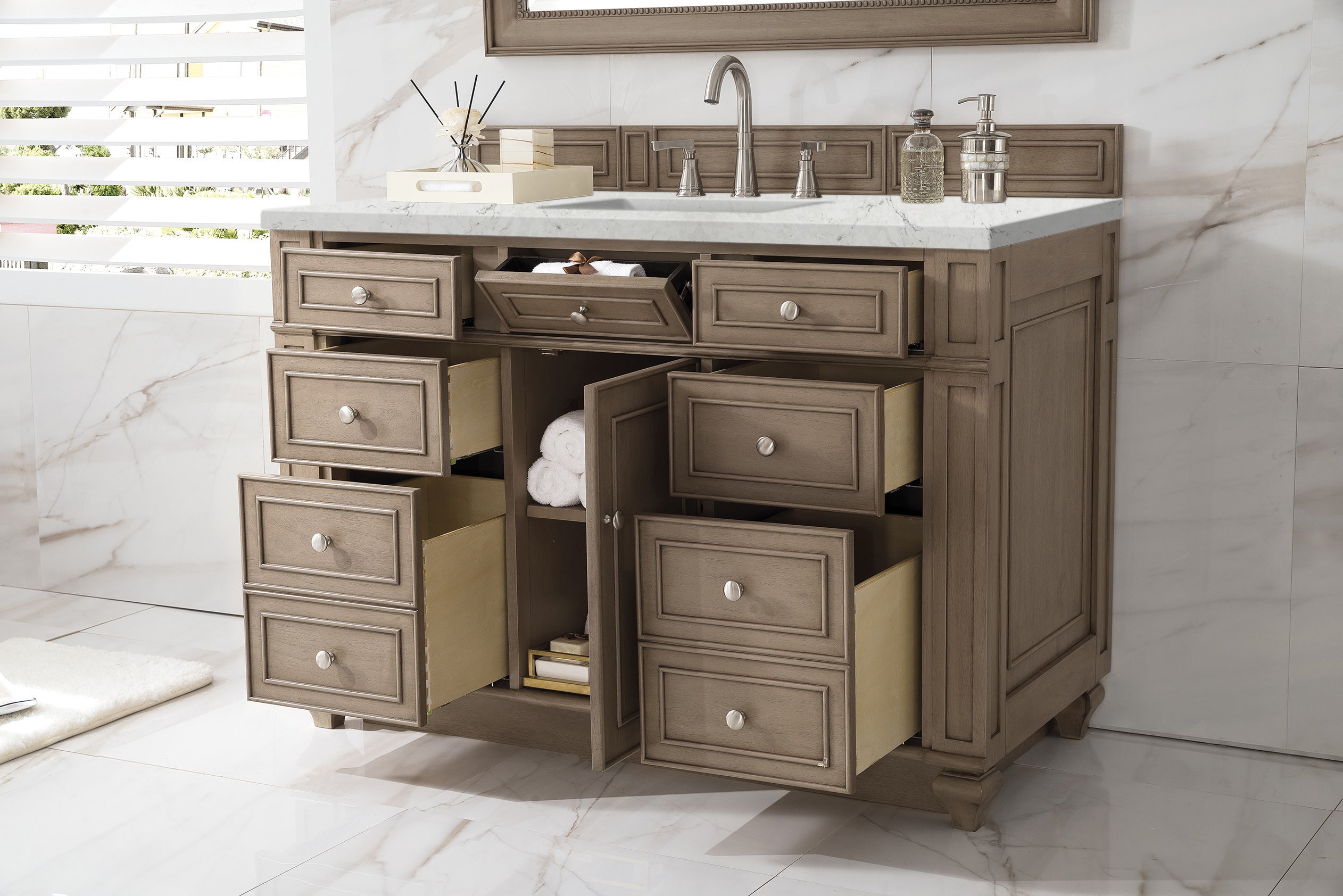 Bristol 48 Inch Single Bathroom Vanity Set - Whitewashed Walnut with 3CM Eternal Jasmine Pearl Quartz Countertop | Modern Farmhouse Style for Master Bath, Guest Bath & Powder Room